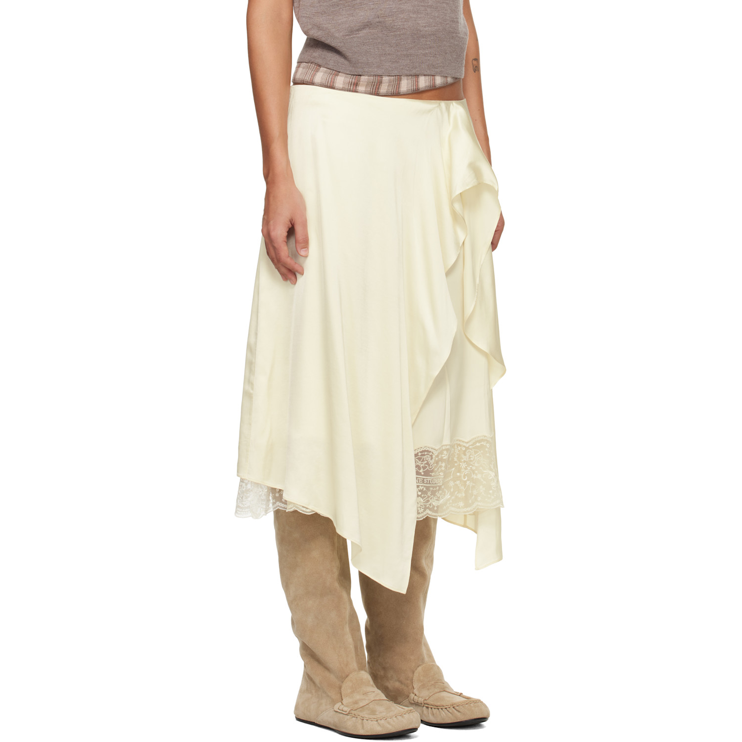  Acne Studios Off-white Layered Satin Midi Skirt 