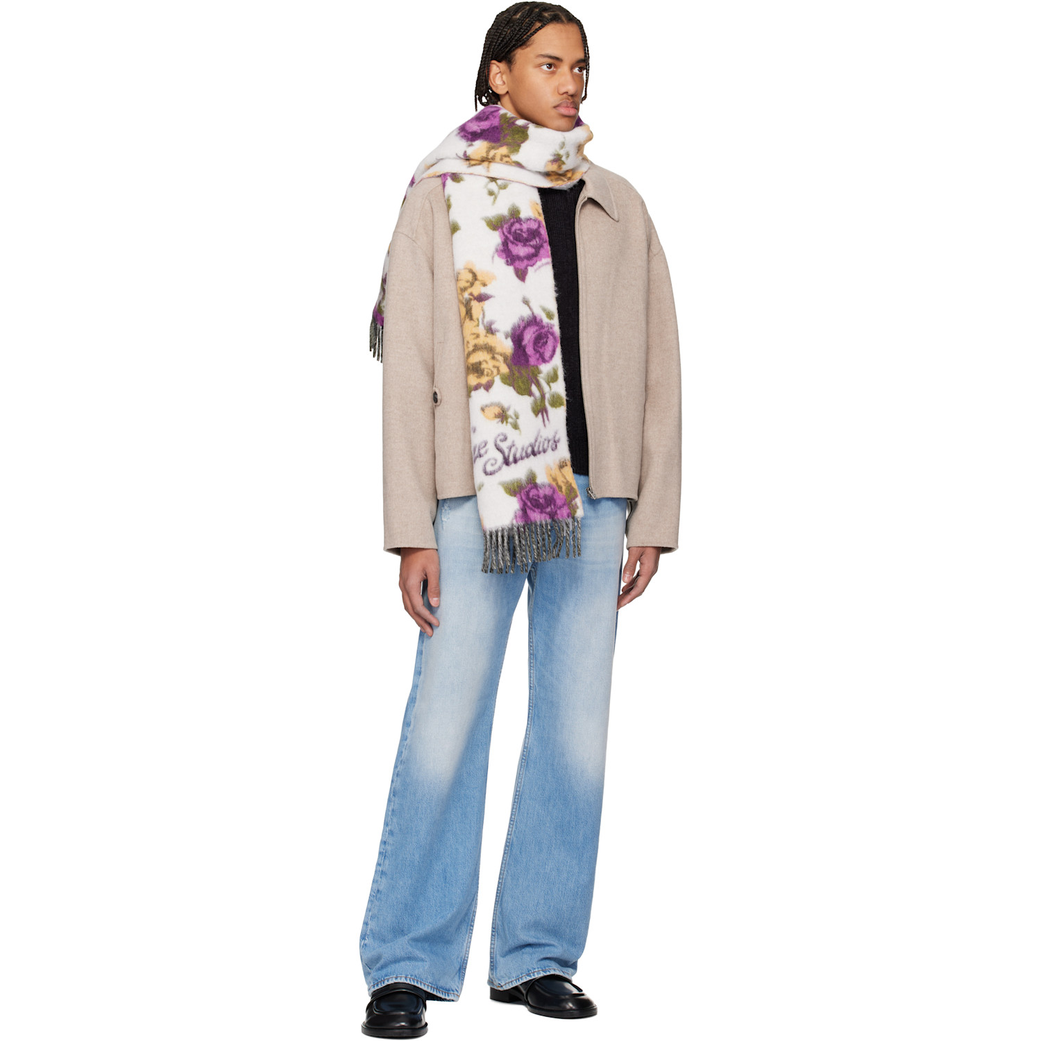  Acne Studios White & Purple Fringed Wool Scarf 