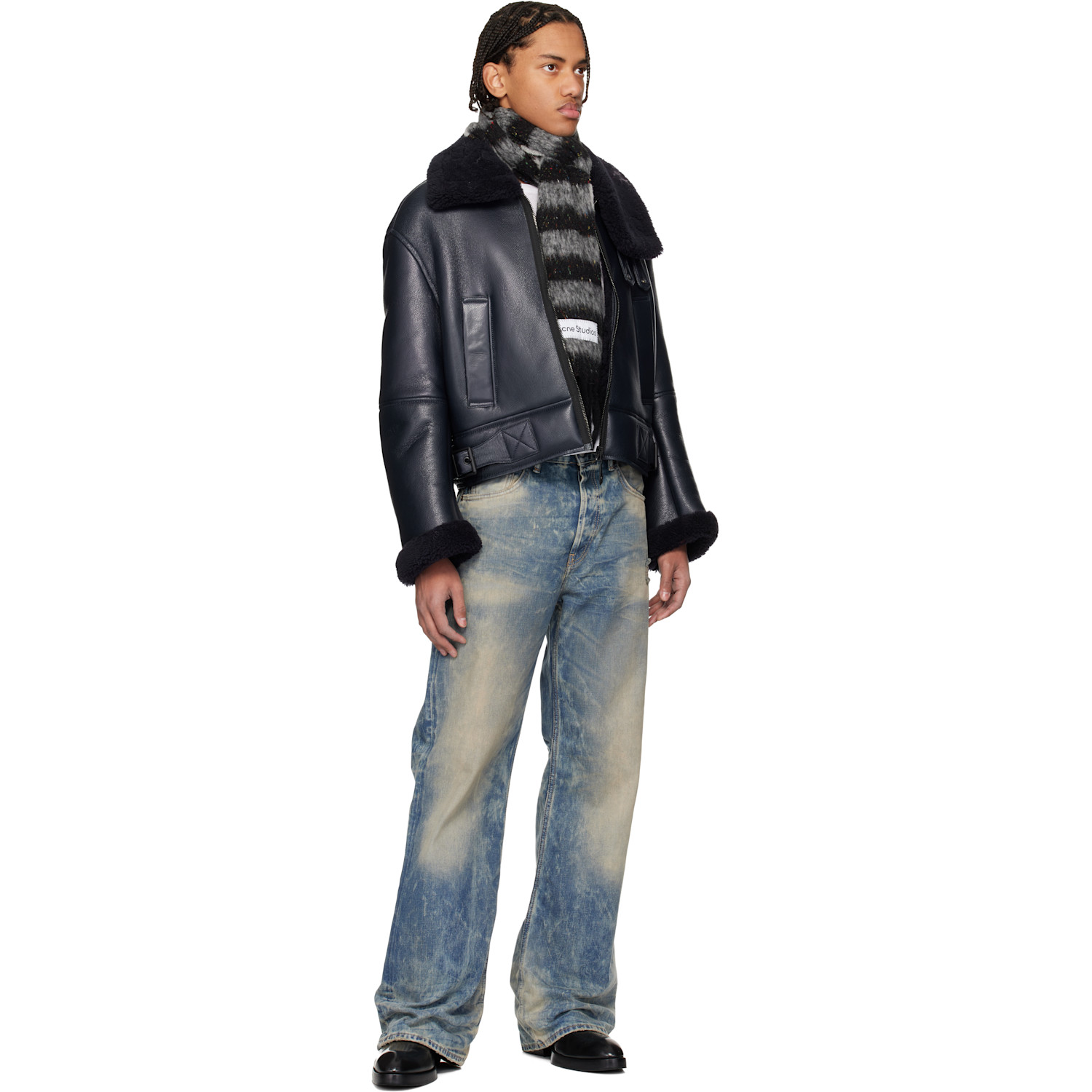  Acne Studios Black & Gray Fringed Wool Skinny Scarf 