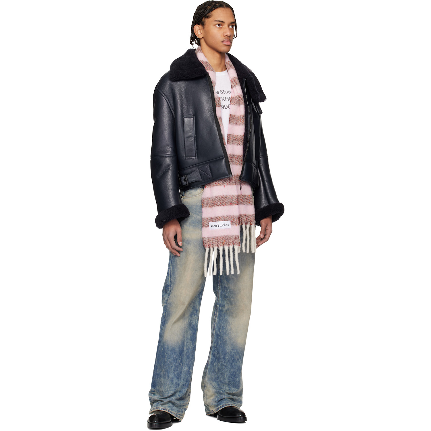  Acne Studios Pink Fringed Wool Skinny Scarf 