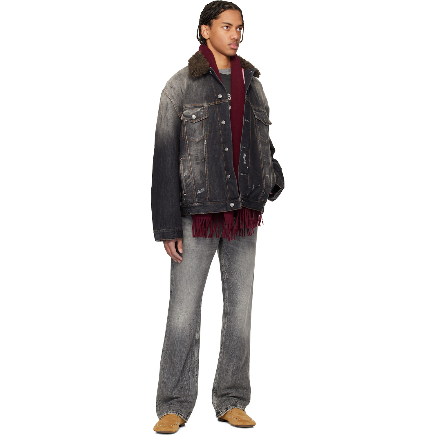  Acne Studios Burgundy Fringe Wool Narrow Scarf 