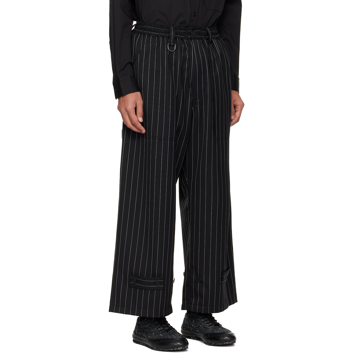  Y-3 Black Pinstripe Refined Wool Wide Leg Trousers 