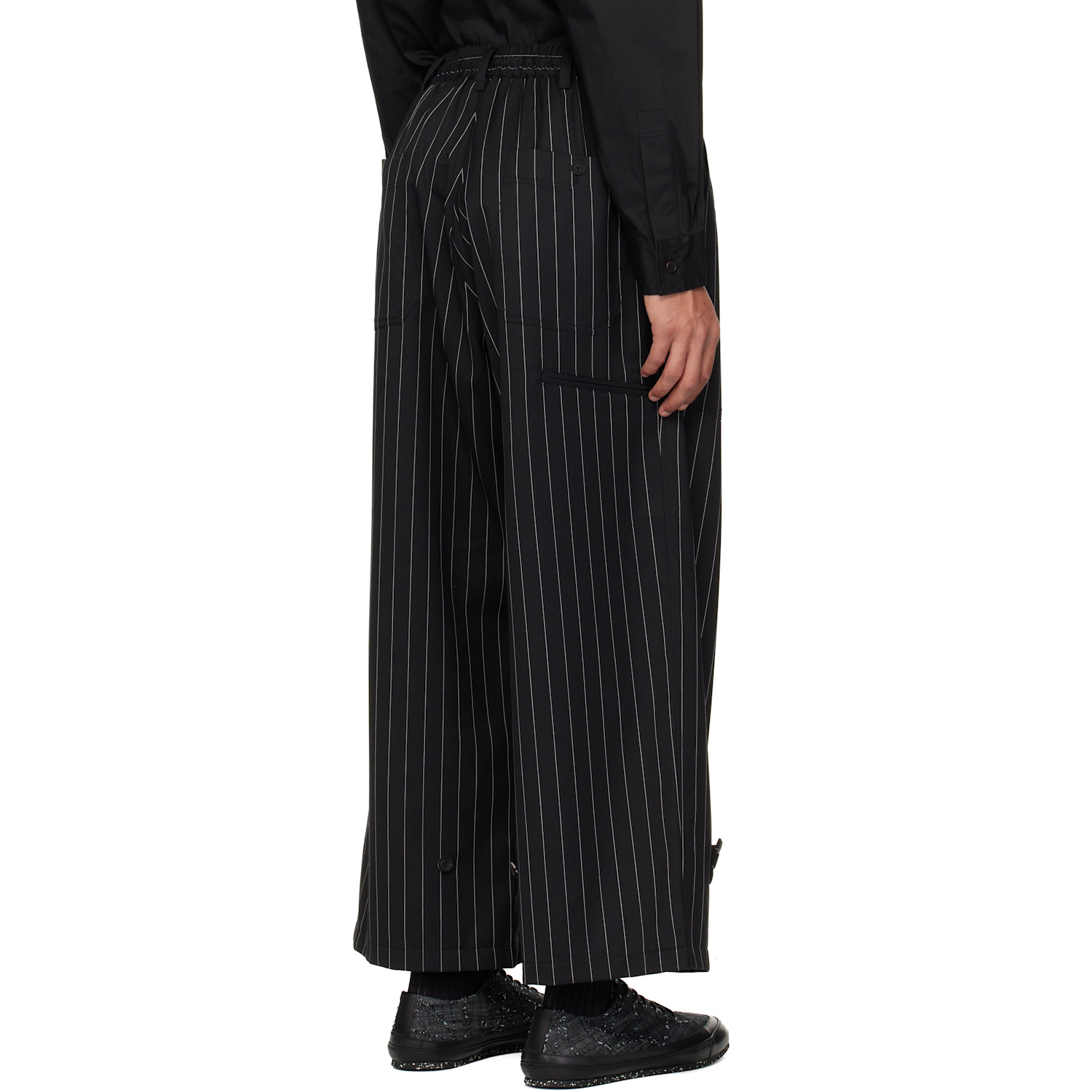  Y-3 Black Pinstripe Refined Wool Wide Leg Trousers 