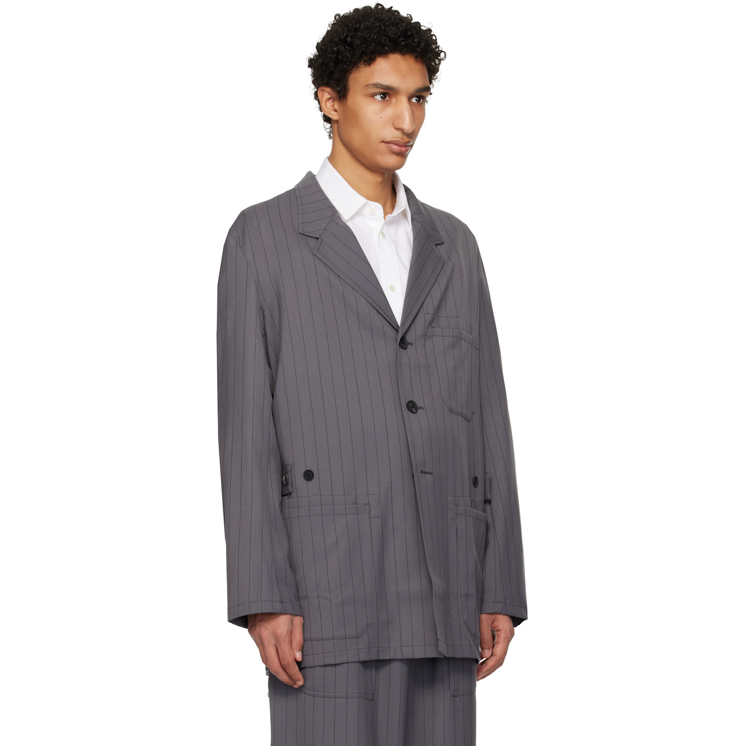  Y-3 Gray Pinstripe Refined Wool Chore Blazer 