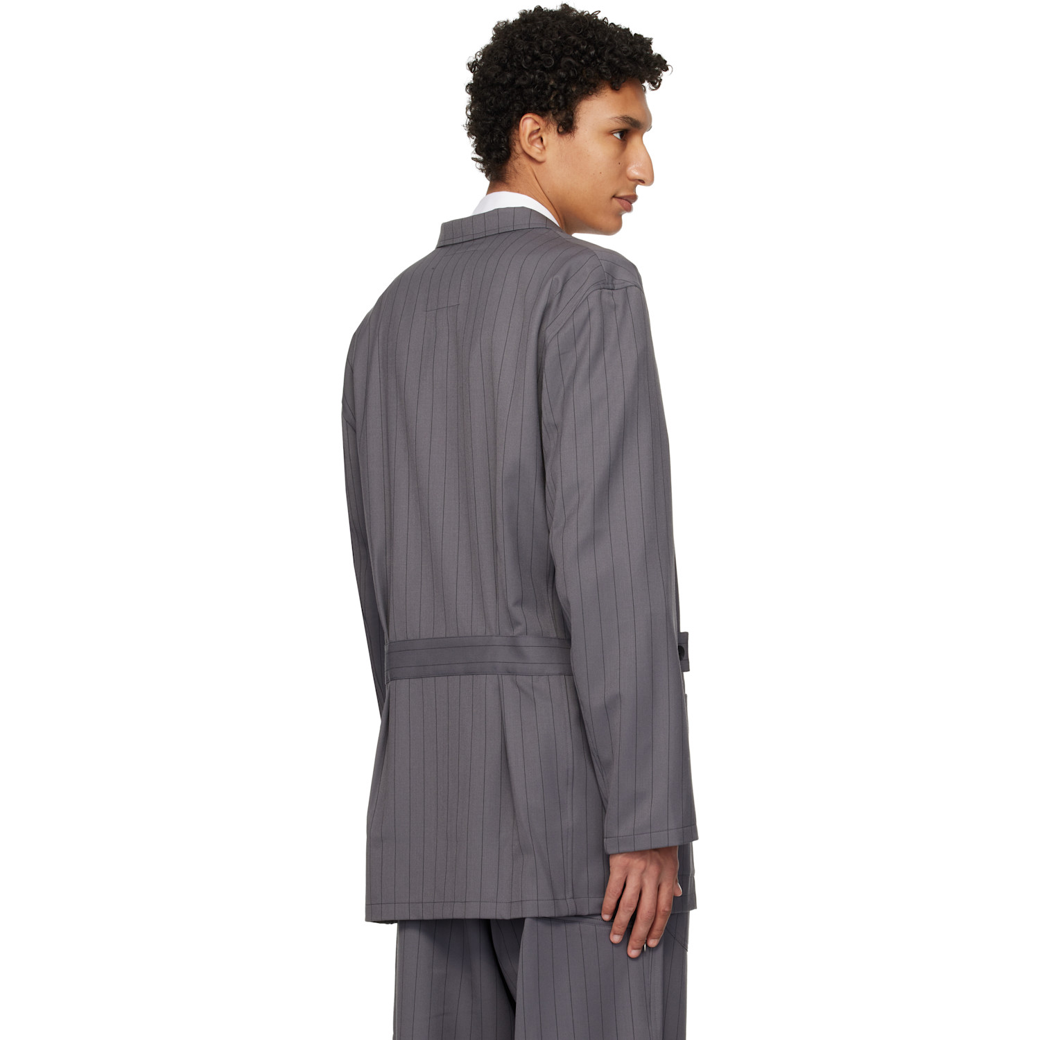  Y-3 Gray Pinstripe Refined Wool Chore Blazer 