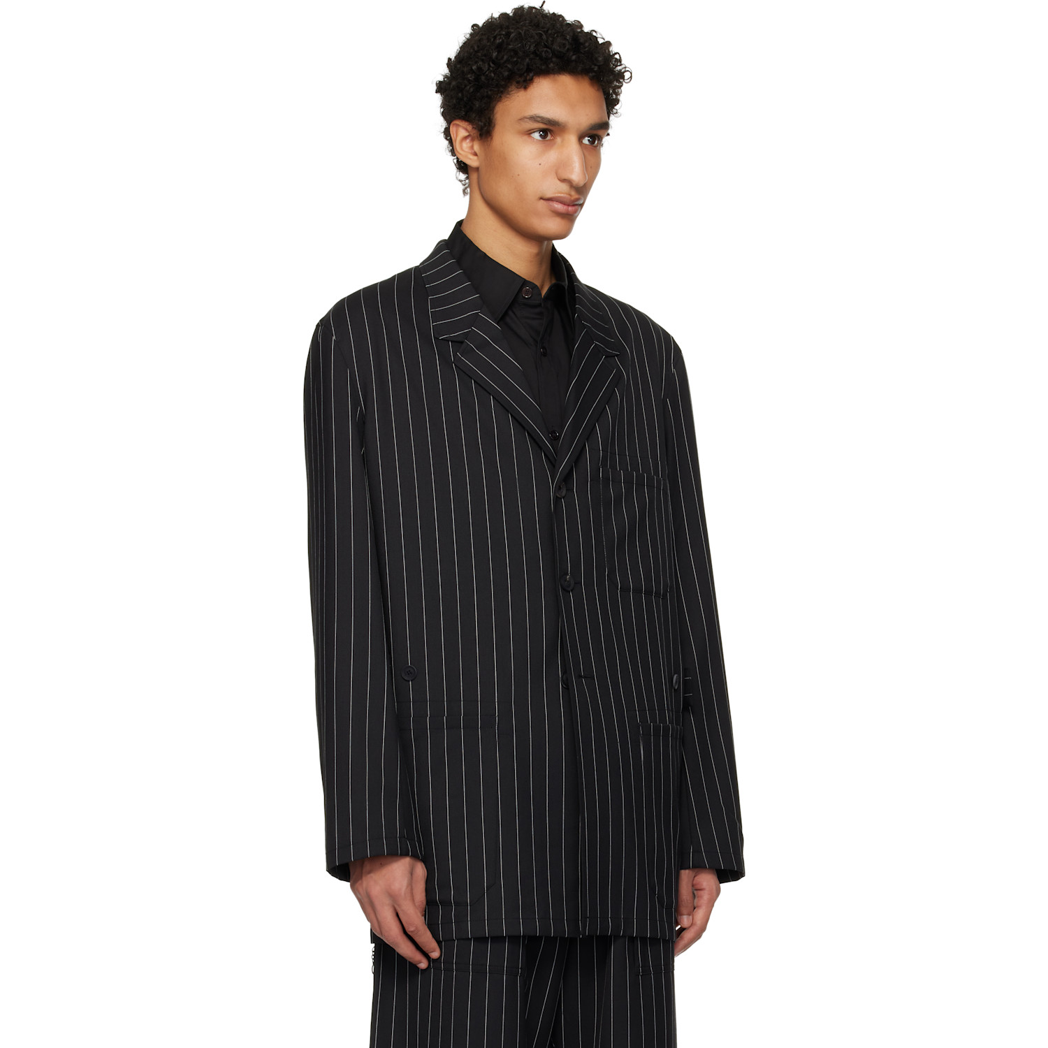  Y-3 Black Pinstripe Refined Wool Chore Blazer 