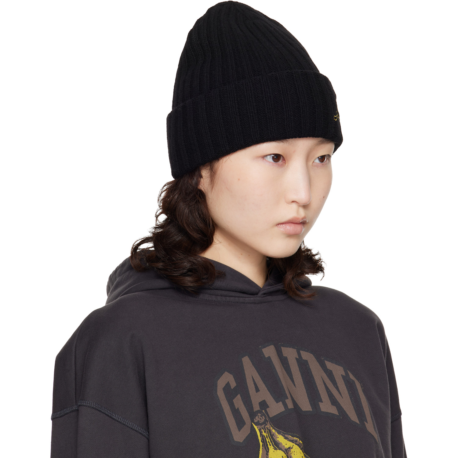 Ganni Black Wool Knit Beanie 