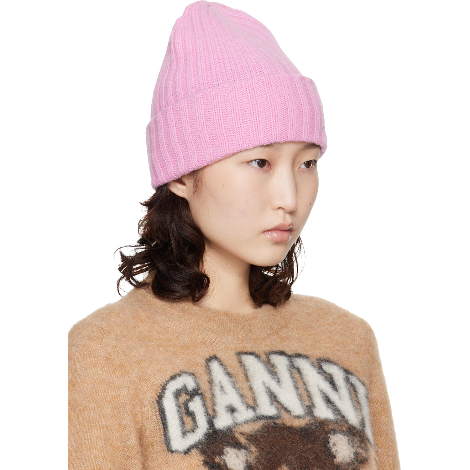  Ganni Pink Wool Knit Beanie 