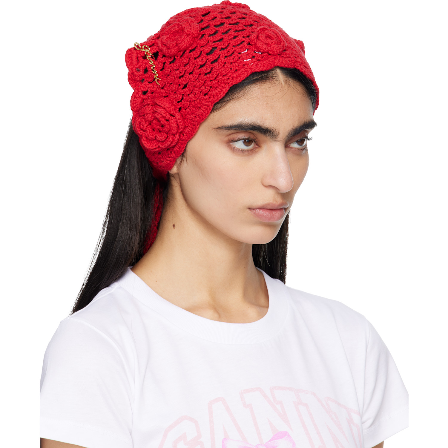  Ganni Red Cotton Crochet Head Scarf 