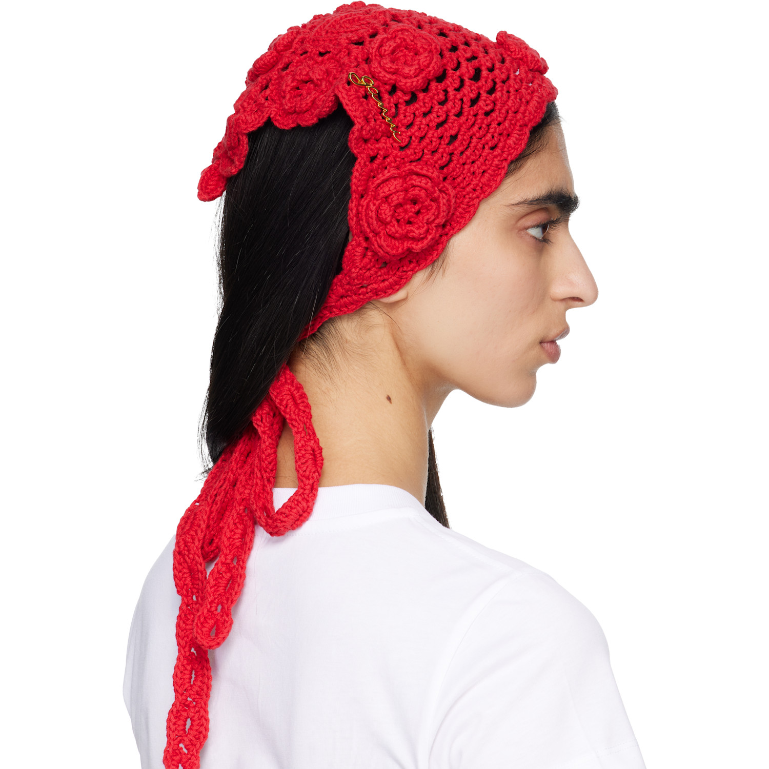  Ganni Red Cotton Crochet Head Scarf 
