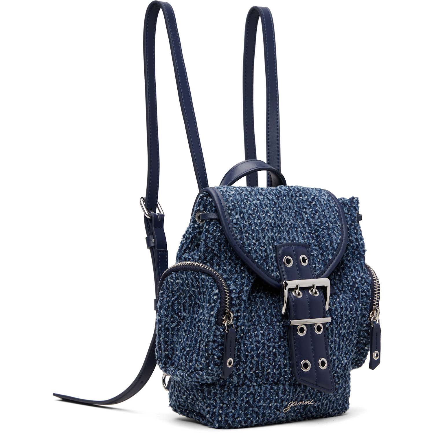  Ganni Blue Bucky Nano Tweed Denim Backpack 