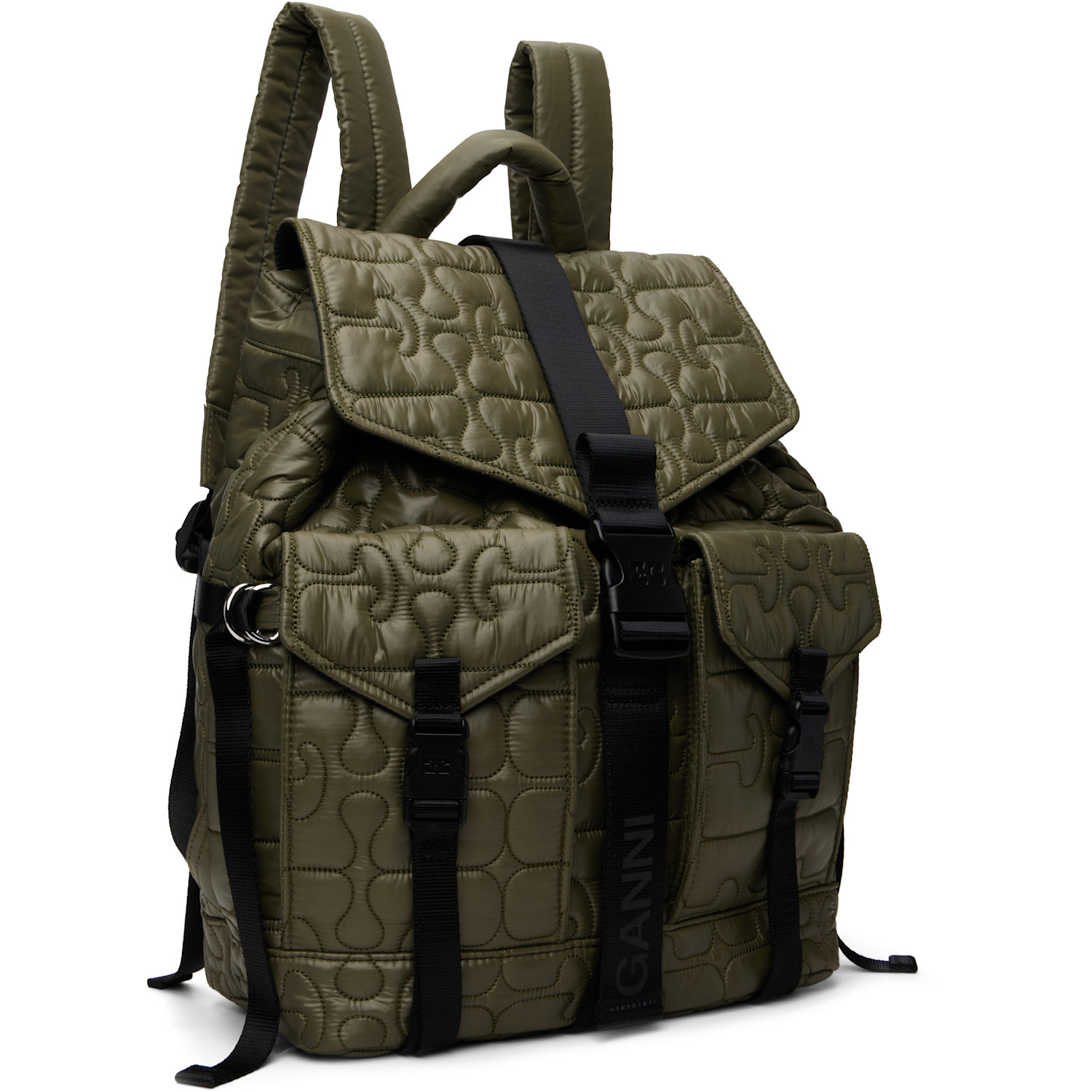  Ganni Khaki Quilted Re-tech Backpack 