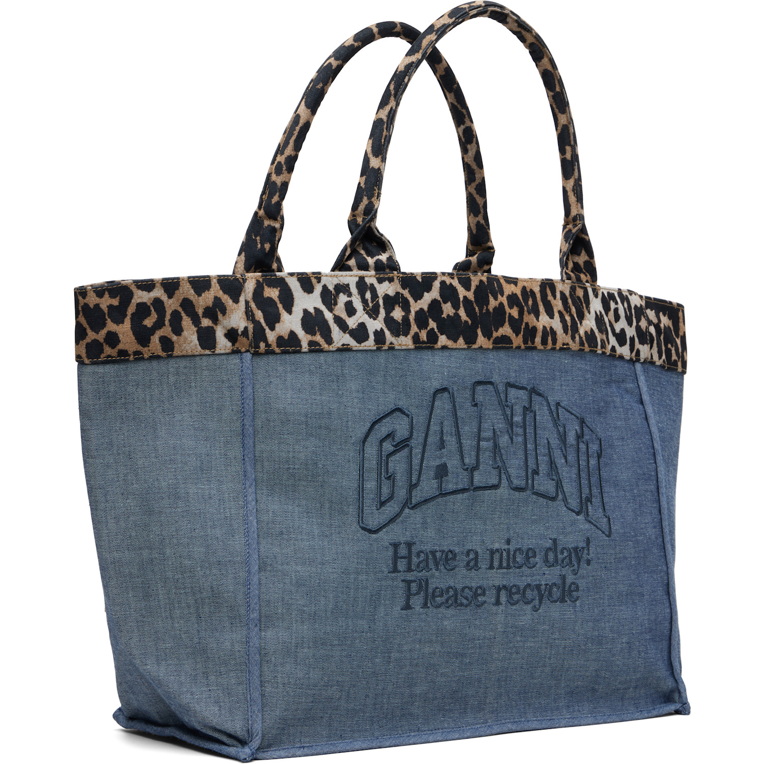  Ganni Blue & Beige Medium Trapeze Shopper Reversible Tote 