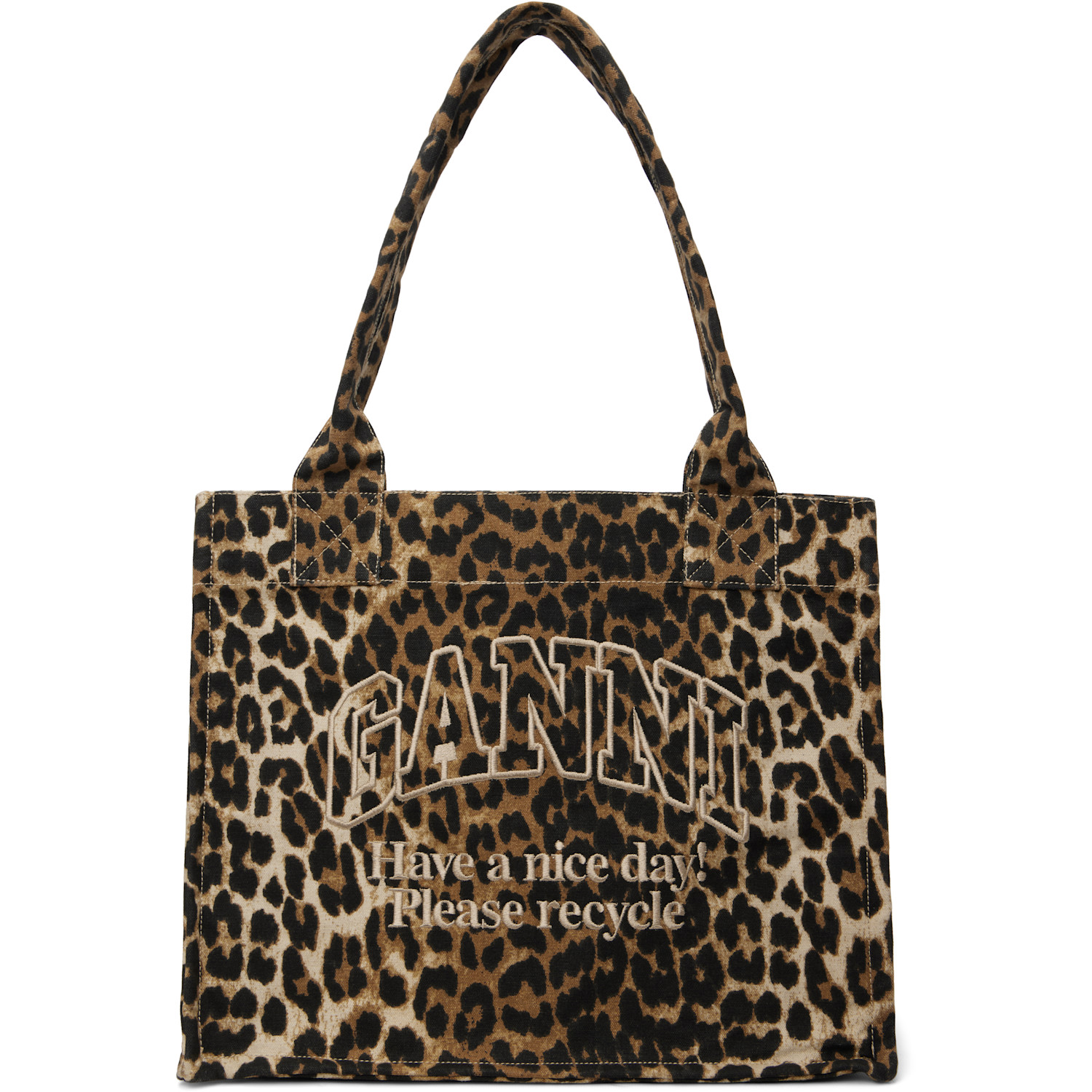 GANNI Brown Leopard Large Canvas Tote