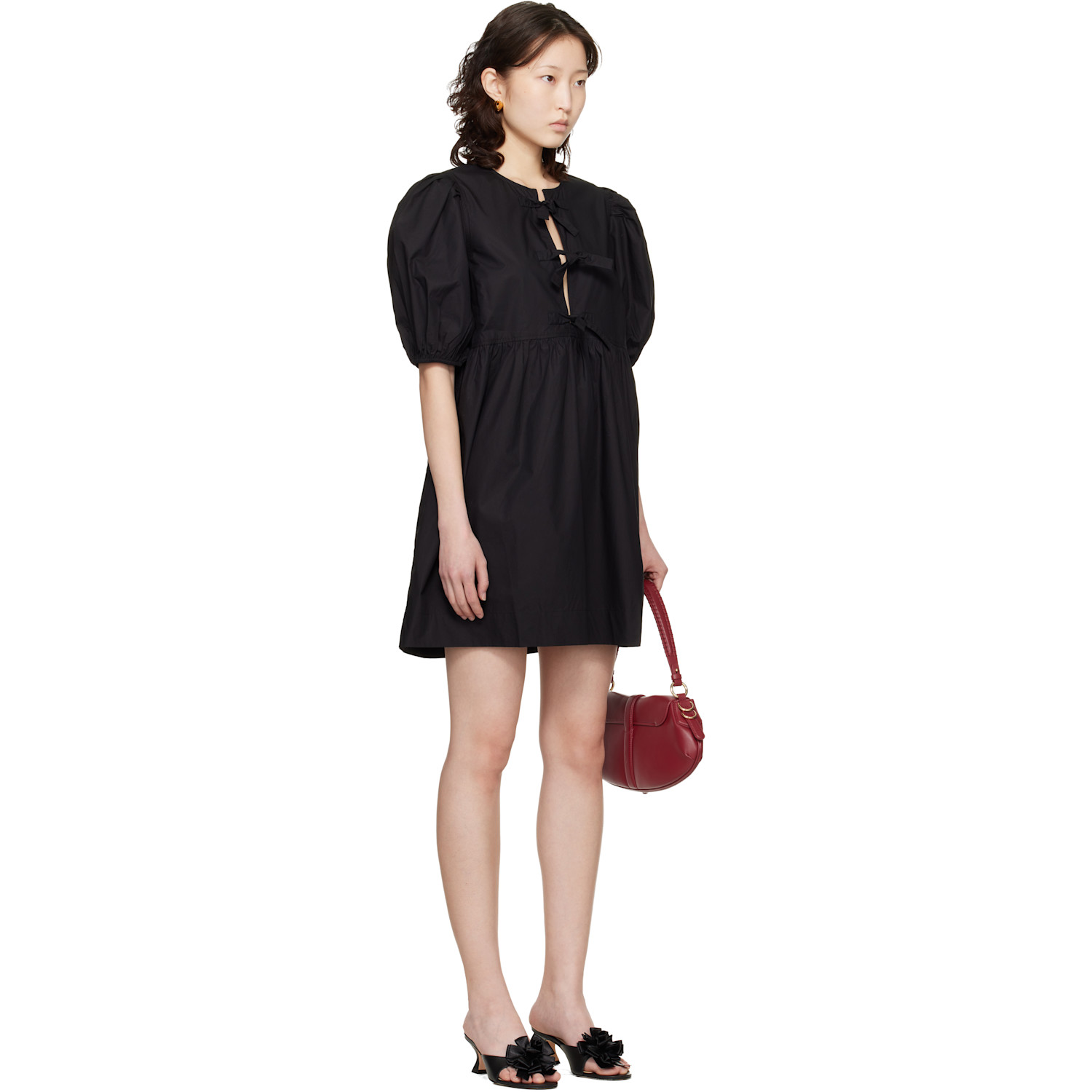  Ganni Black Cotton Poplin Tie String Minidress 