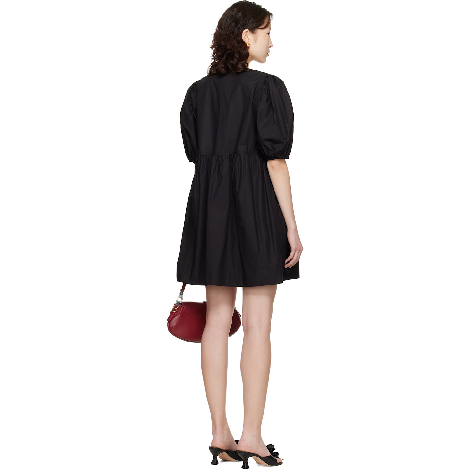  Ganni Black Cotton Poplin Tie String Minidress 