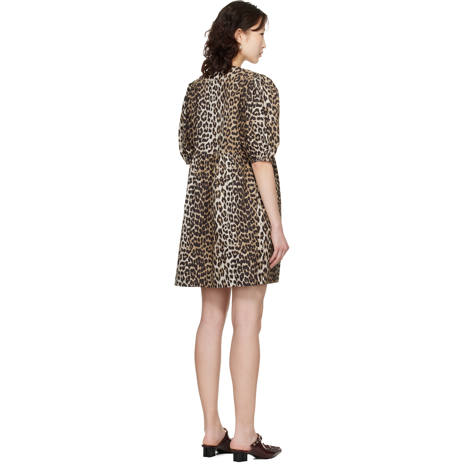  Ganni Beige Leopard Printed Cotton Tie String Minidress 