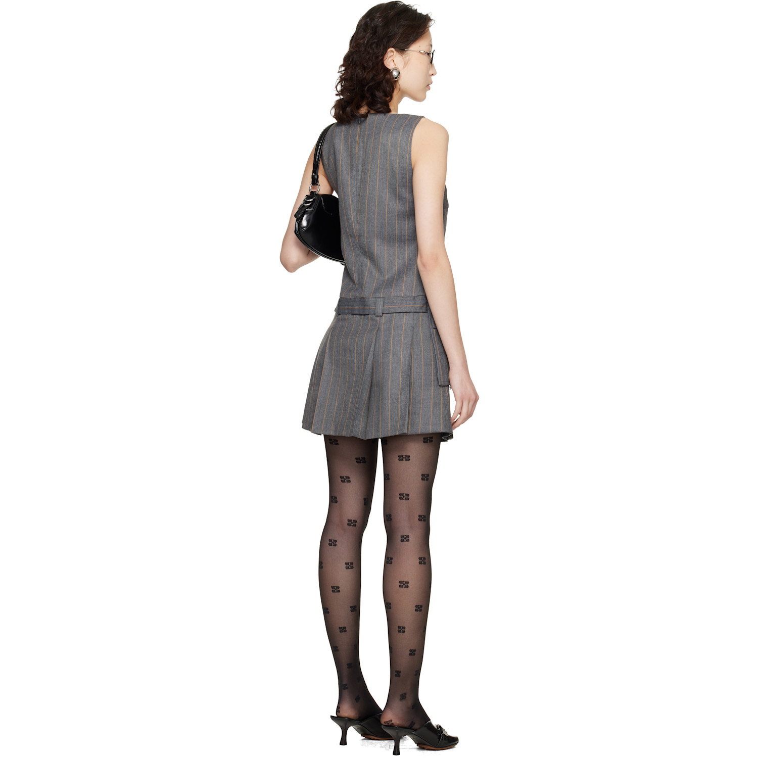  Ganni Gray Wool Stripe Belted Minidress 