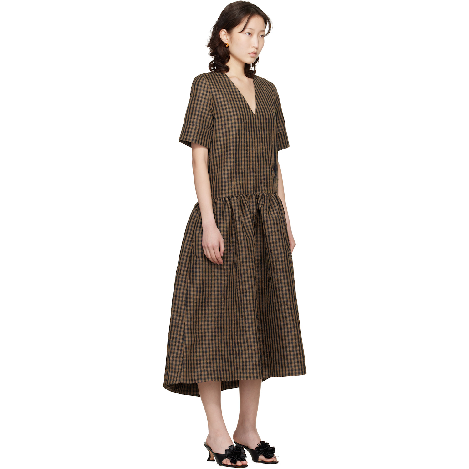  Ganni Brown Crinkled Check Maxi Dress 