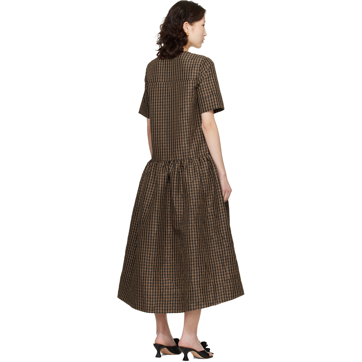  Ganni Brown Crinkled Check Maxi Dress 