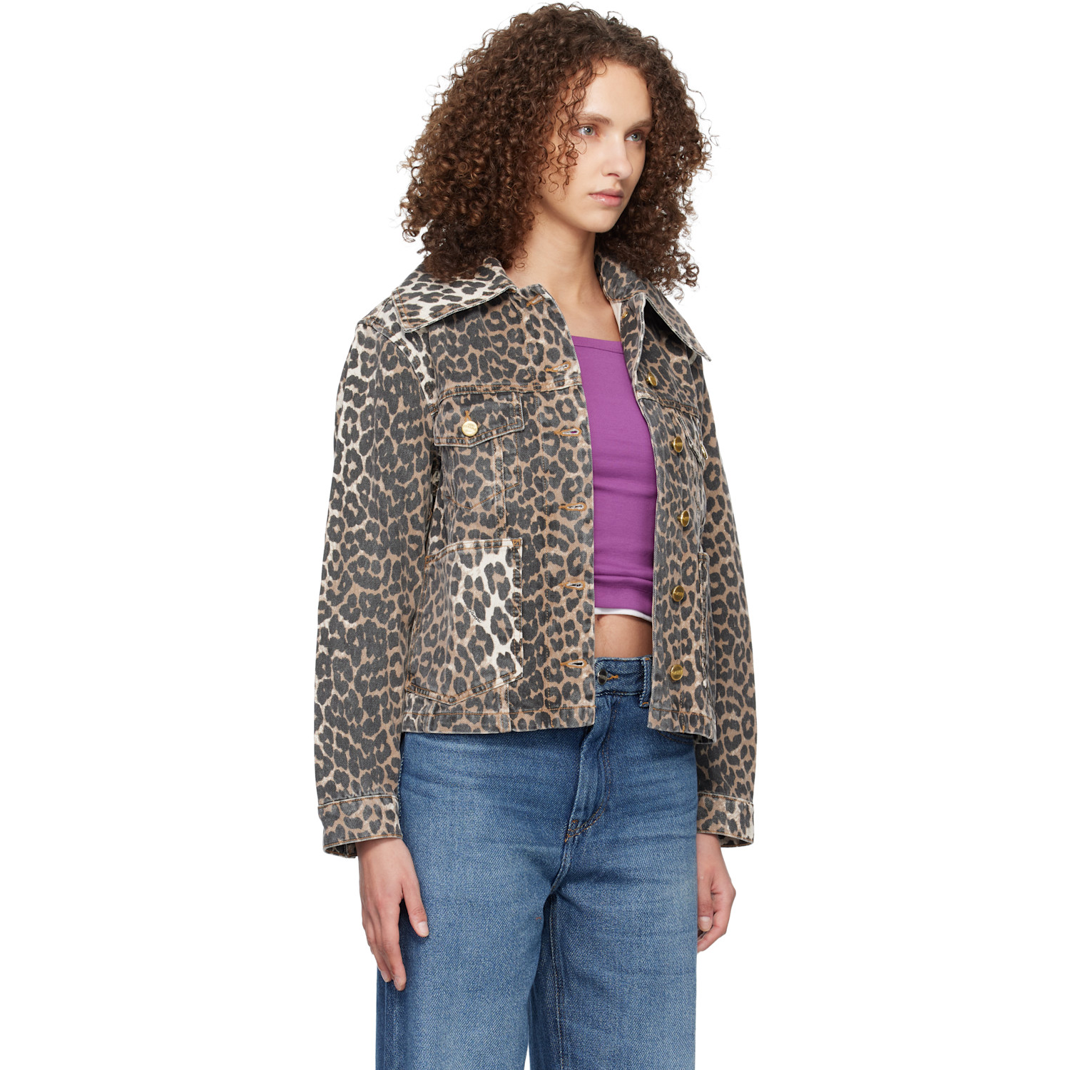 Ganni Brown & Black Leopard Denim Jacket 