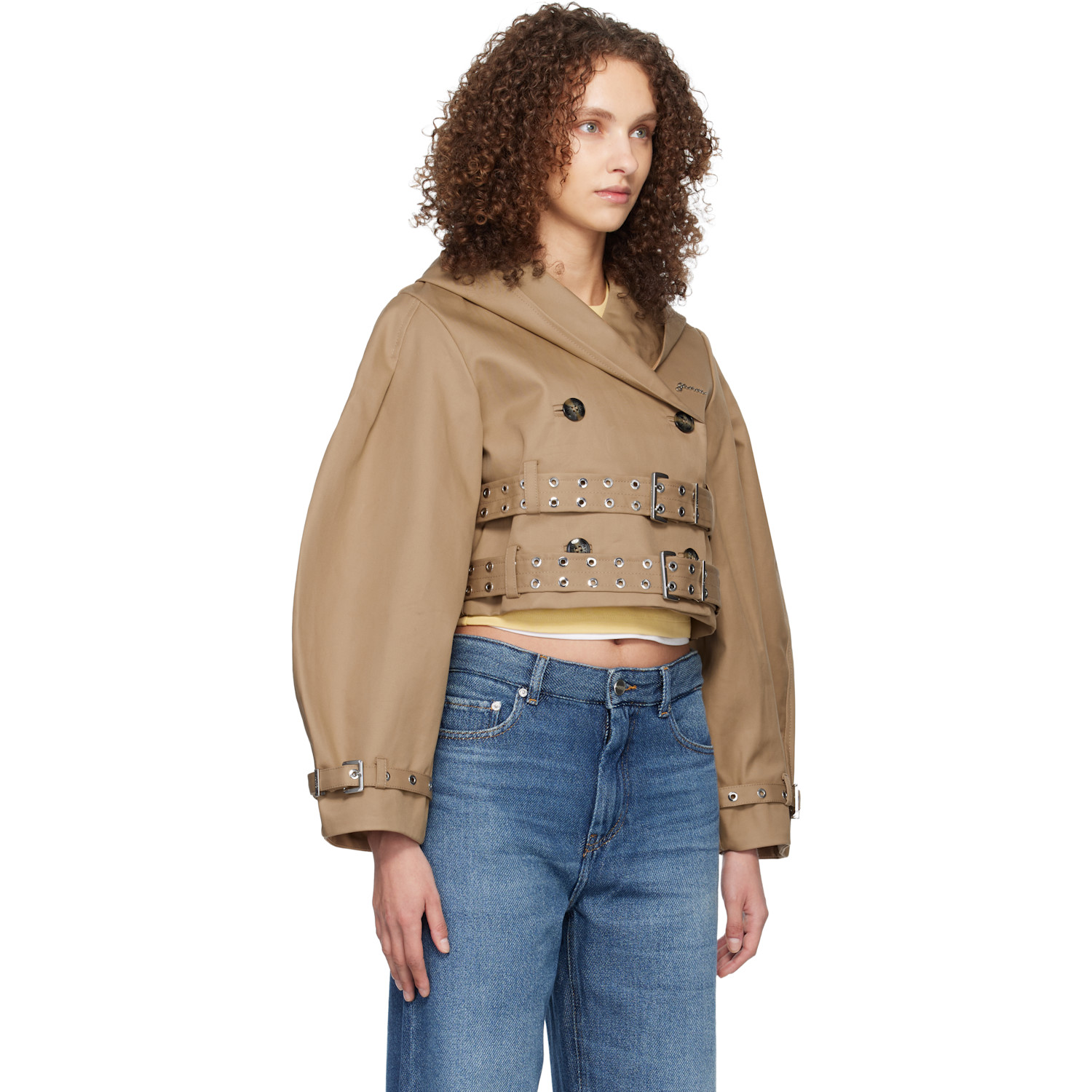  Ganni Tan Bonded Cotton Short Trench Jacket 