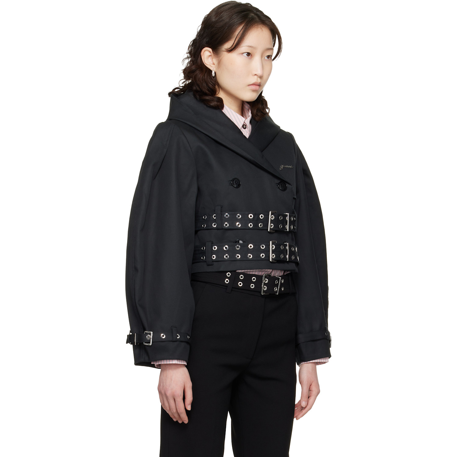  Ganni Black Bonded Cotton Short Trench Jacket 