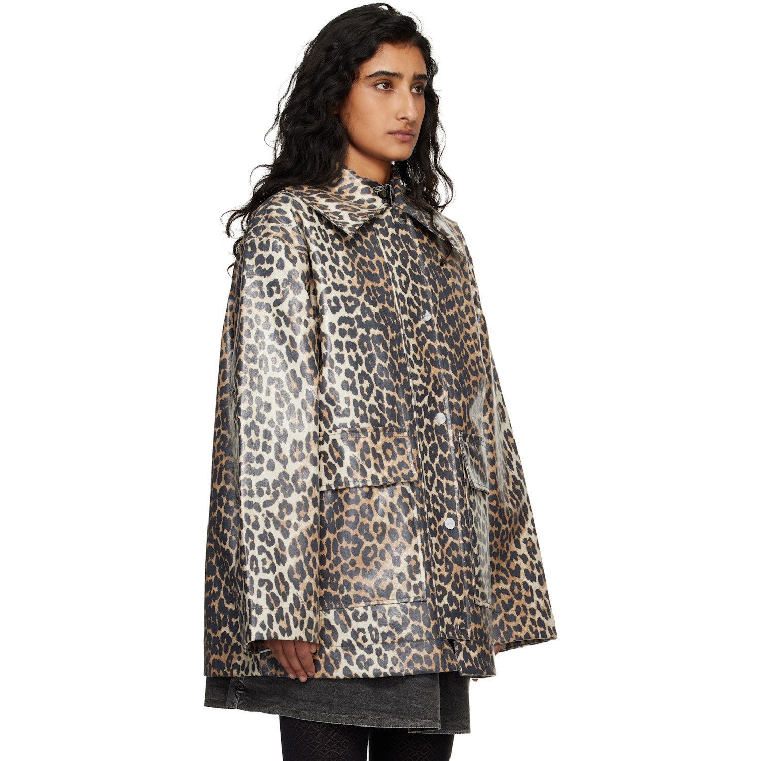  Ganni Beige Leopard Laminated Cotton Jacket 