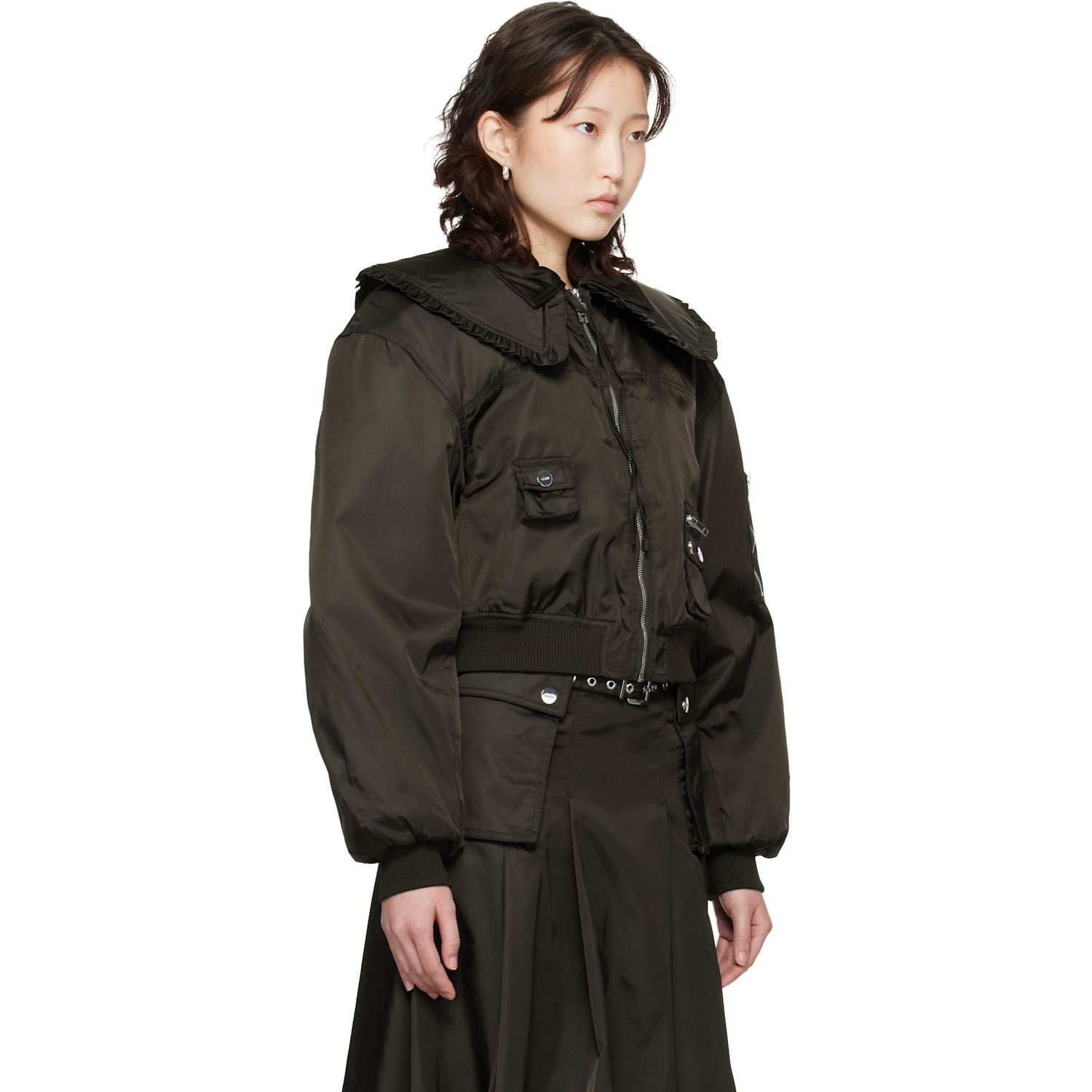  Ganni Brown Duchesse Nylon Bomber Jacket 