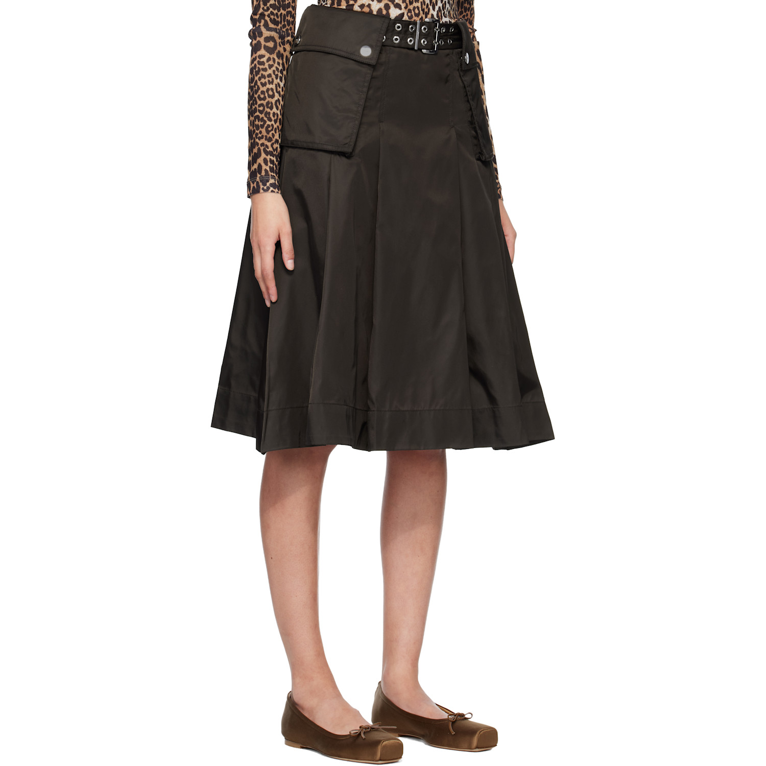  Ganni Brown Duchesse Nylon Pleated Midi Skirt 