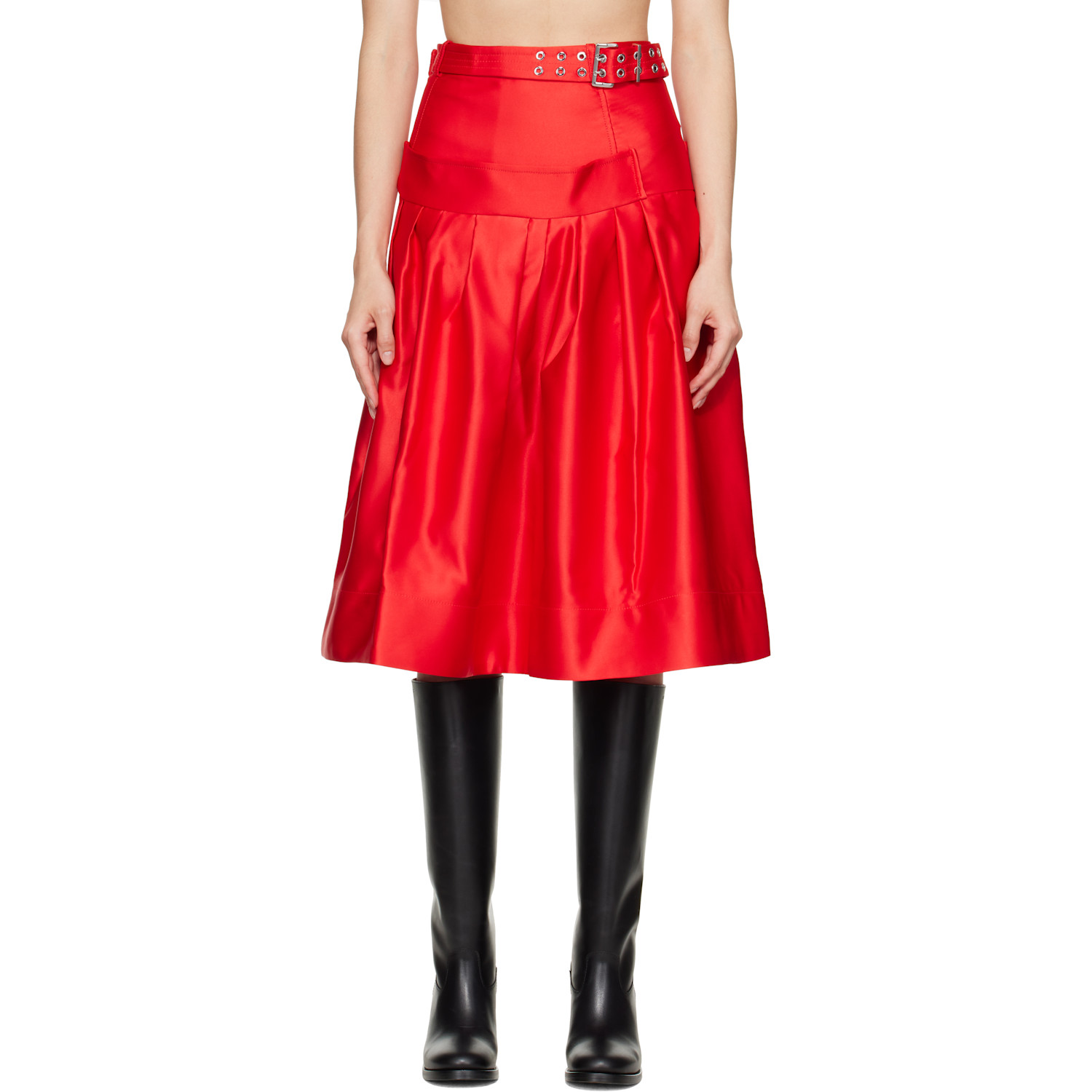 Ganni Red Duchesse Satin Midi Skirt In 06p Goji Berry