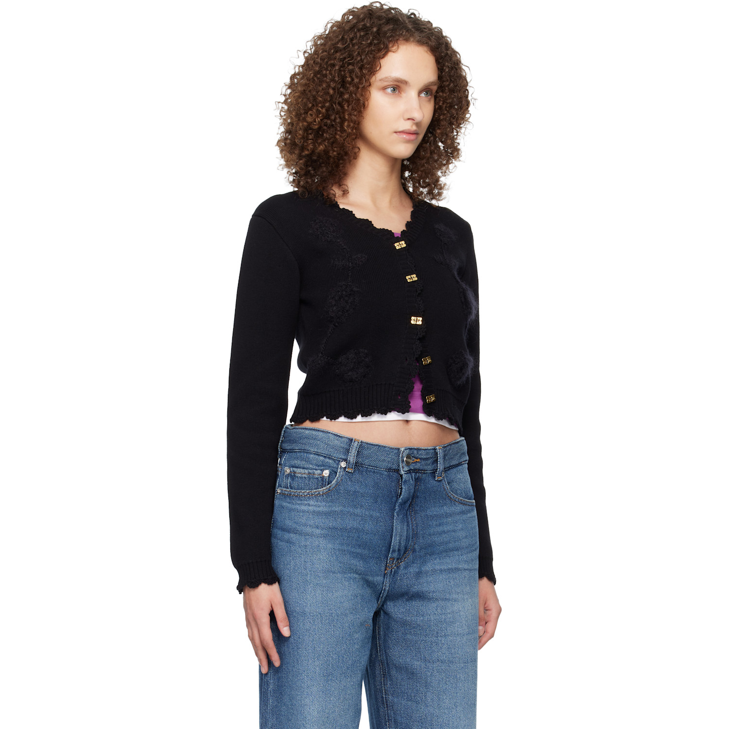  Ganni Black Crochet Appliqué Cardigan 