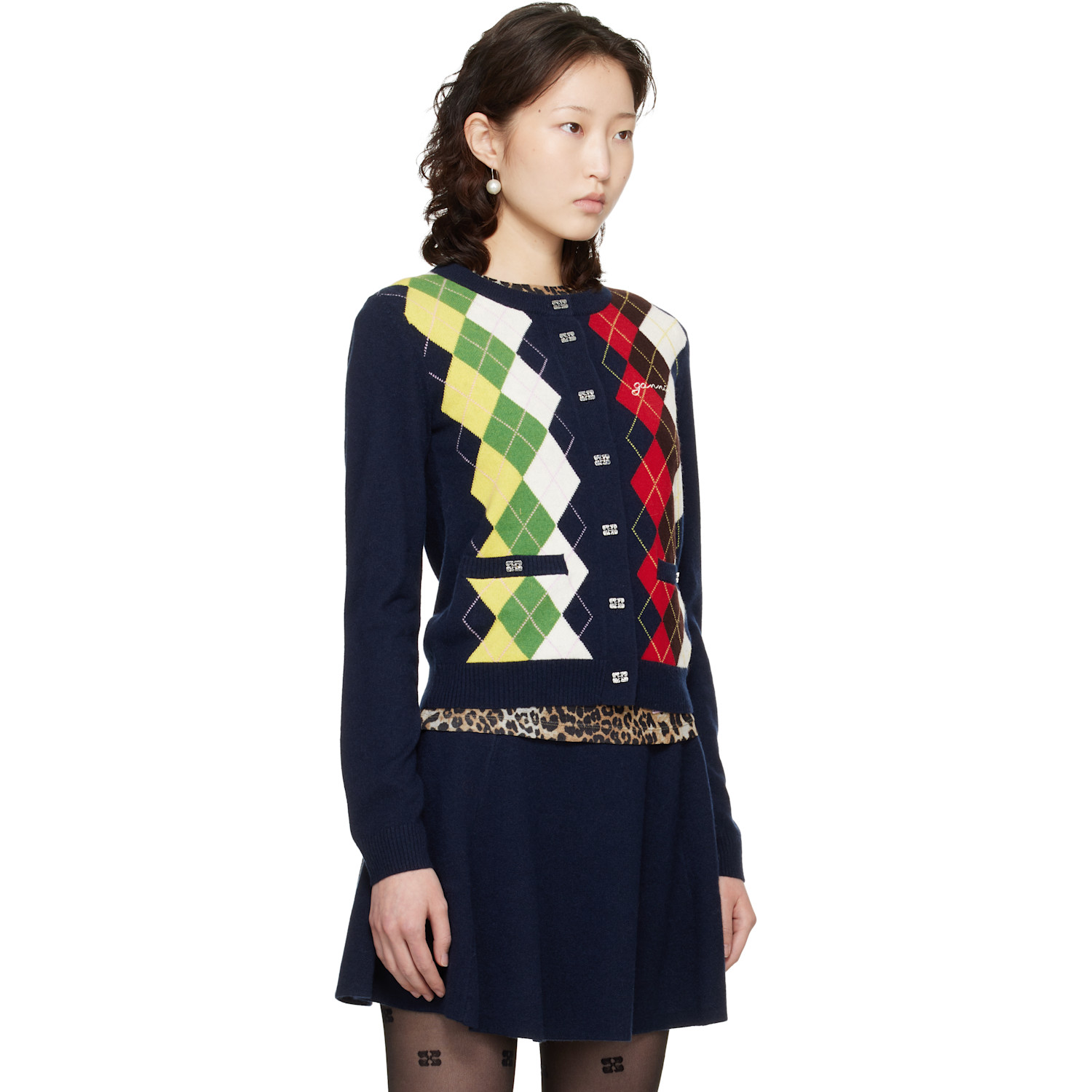  Ganni Navy Argyle Print Cardigan 