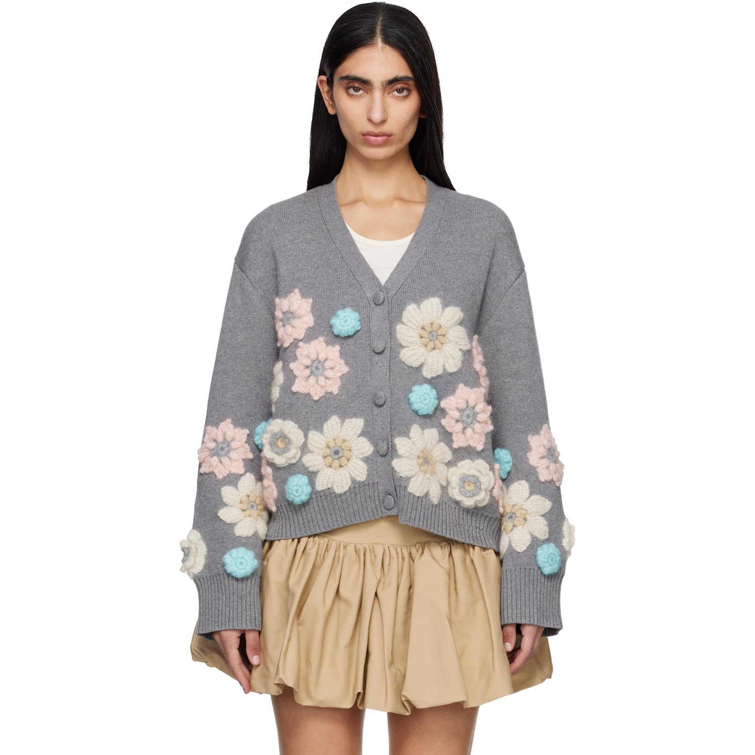 GANNI Gray Cotton Cashmere Flower Cardigan