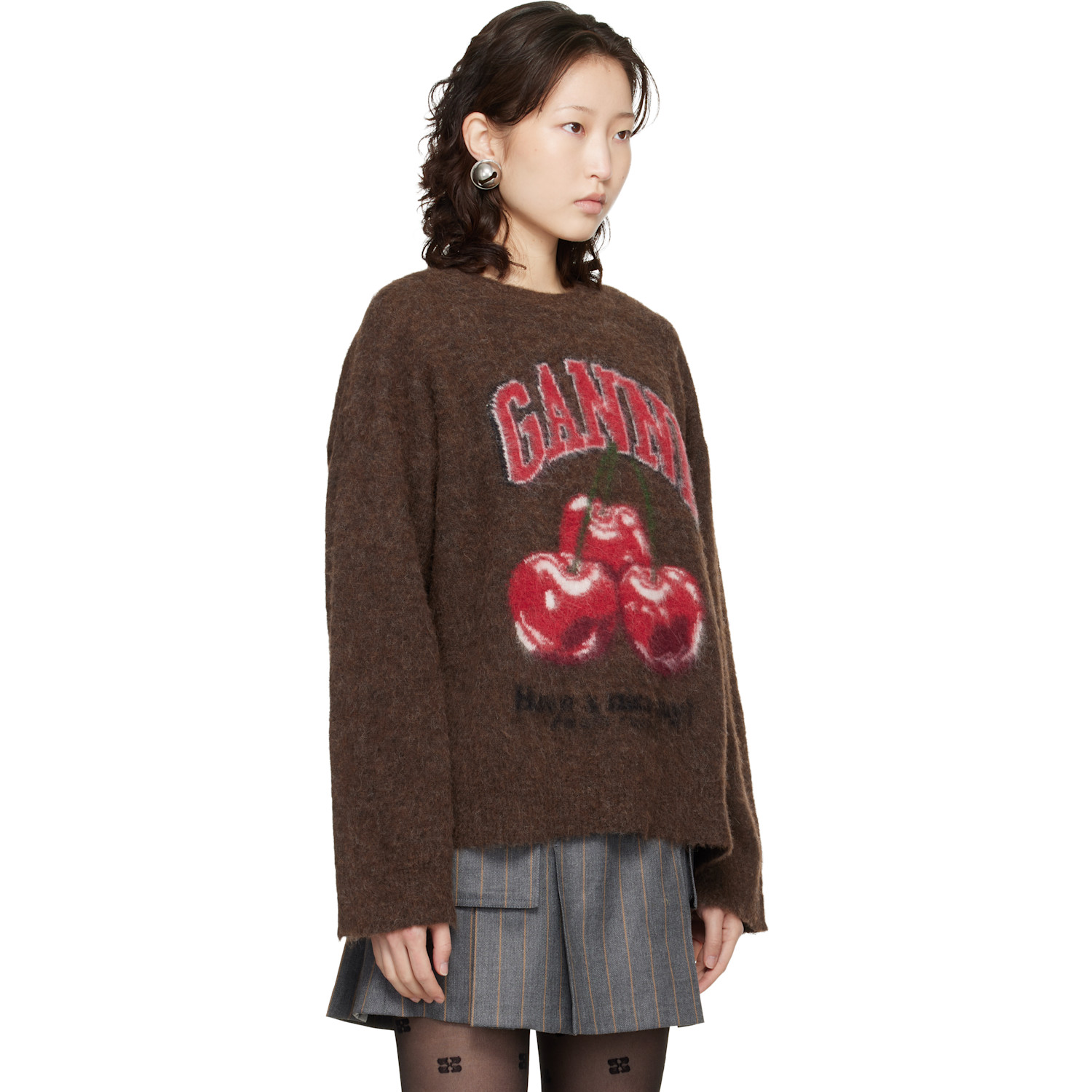  Ganni Brown Brushed Alpaca Graphic Oversized Sweater 