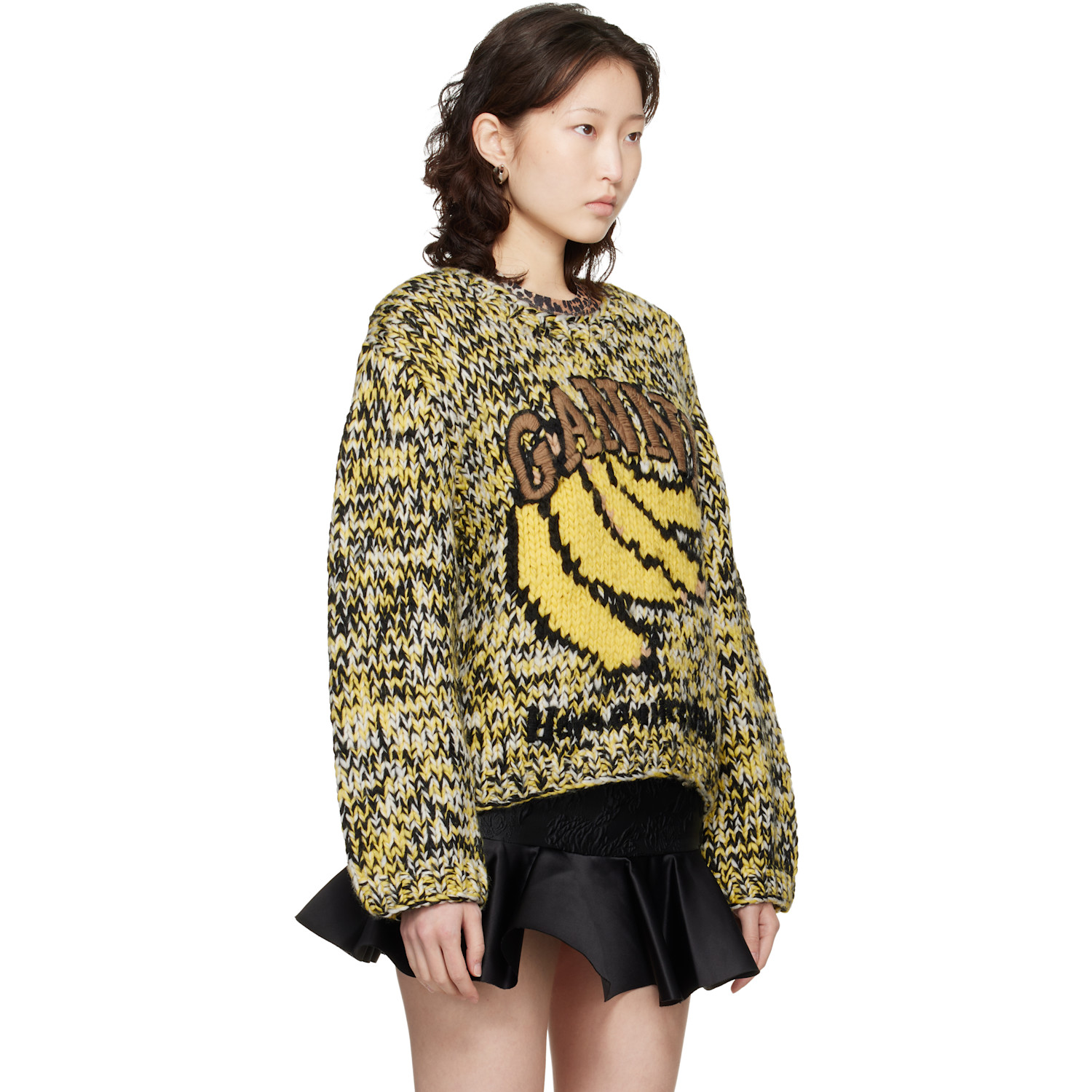  Ganni Black & Yellow Heavy Wool Handknit Sweater 