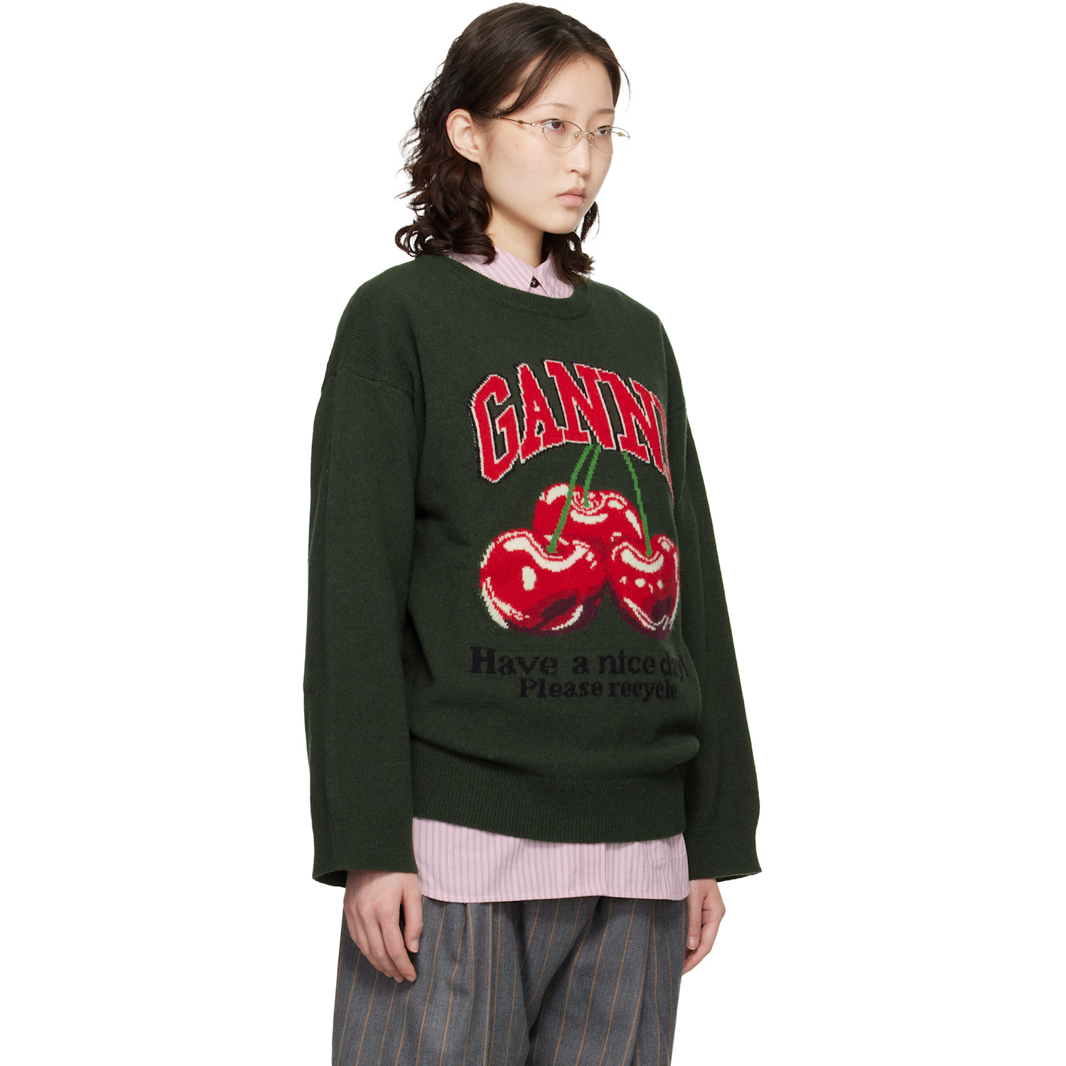  Ganni Green Oversized Graphic Sweater 