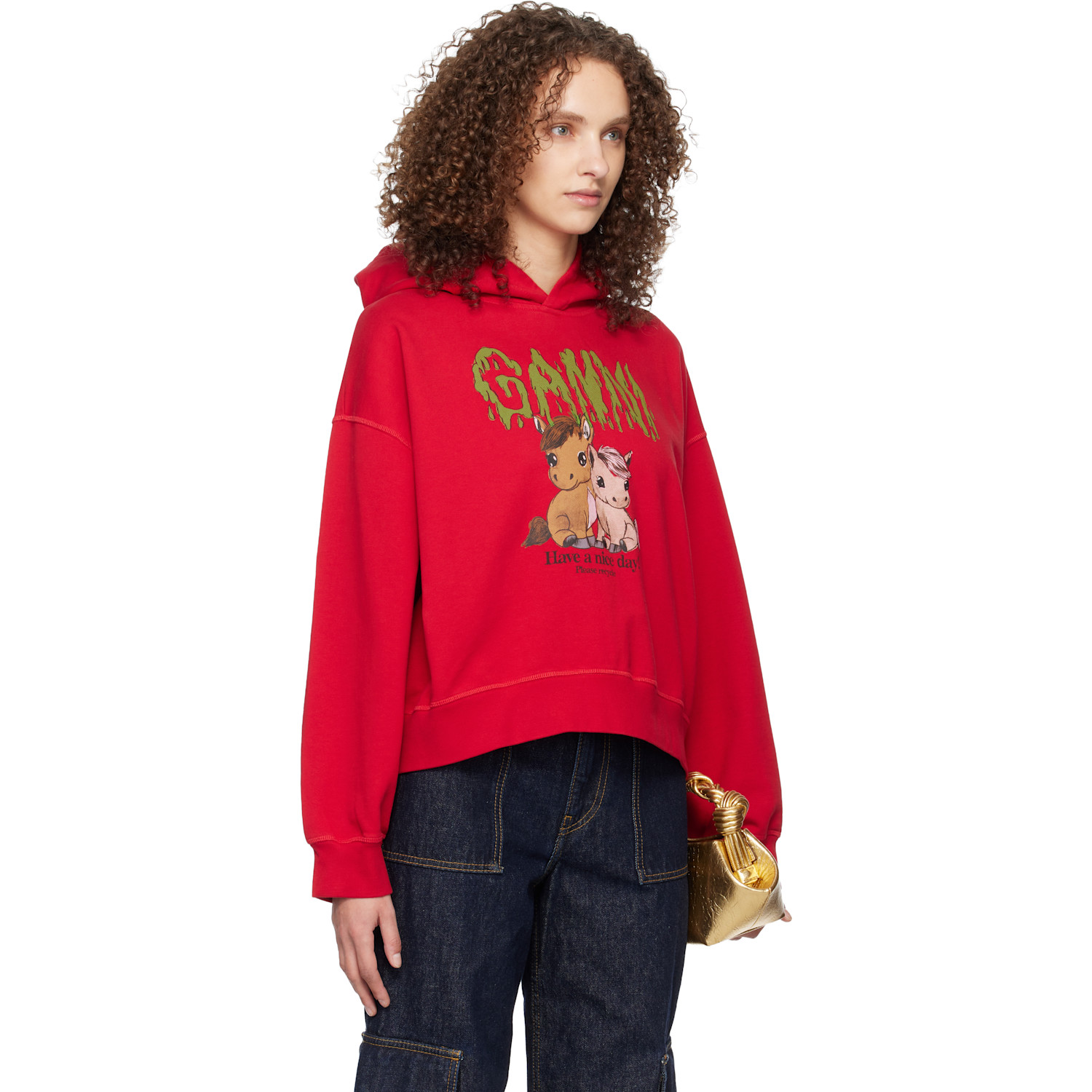  Ganni Red Graphic Cropped Hoodie 