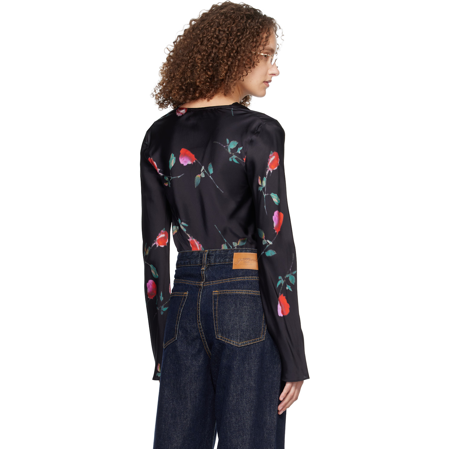  Ganni Black Printed Satin Blouse 