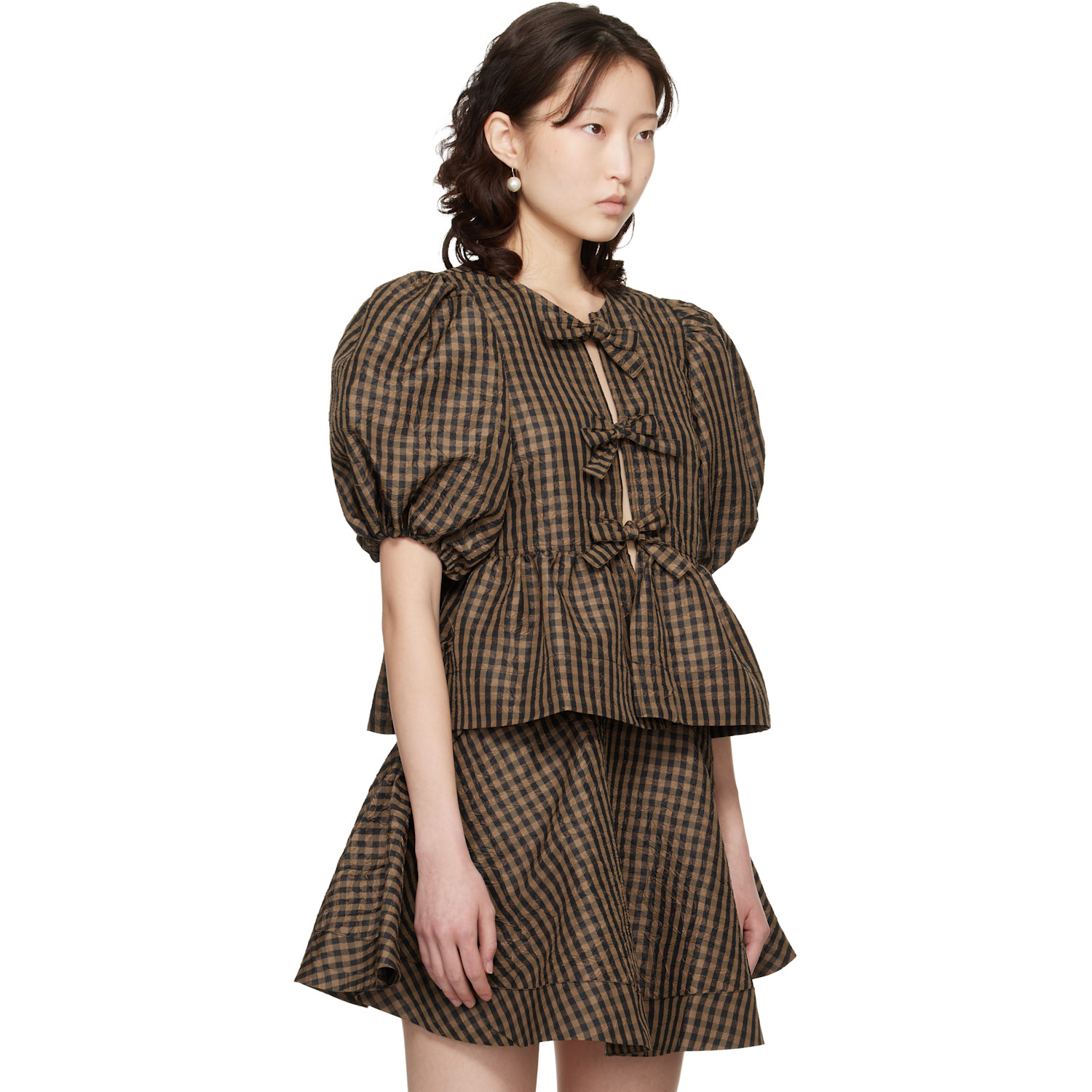  Ganni Brown Crinkled Check Blouse 