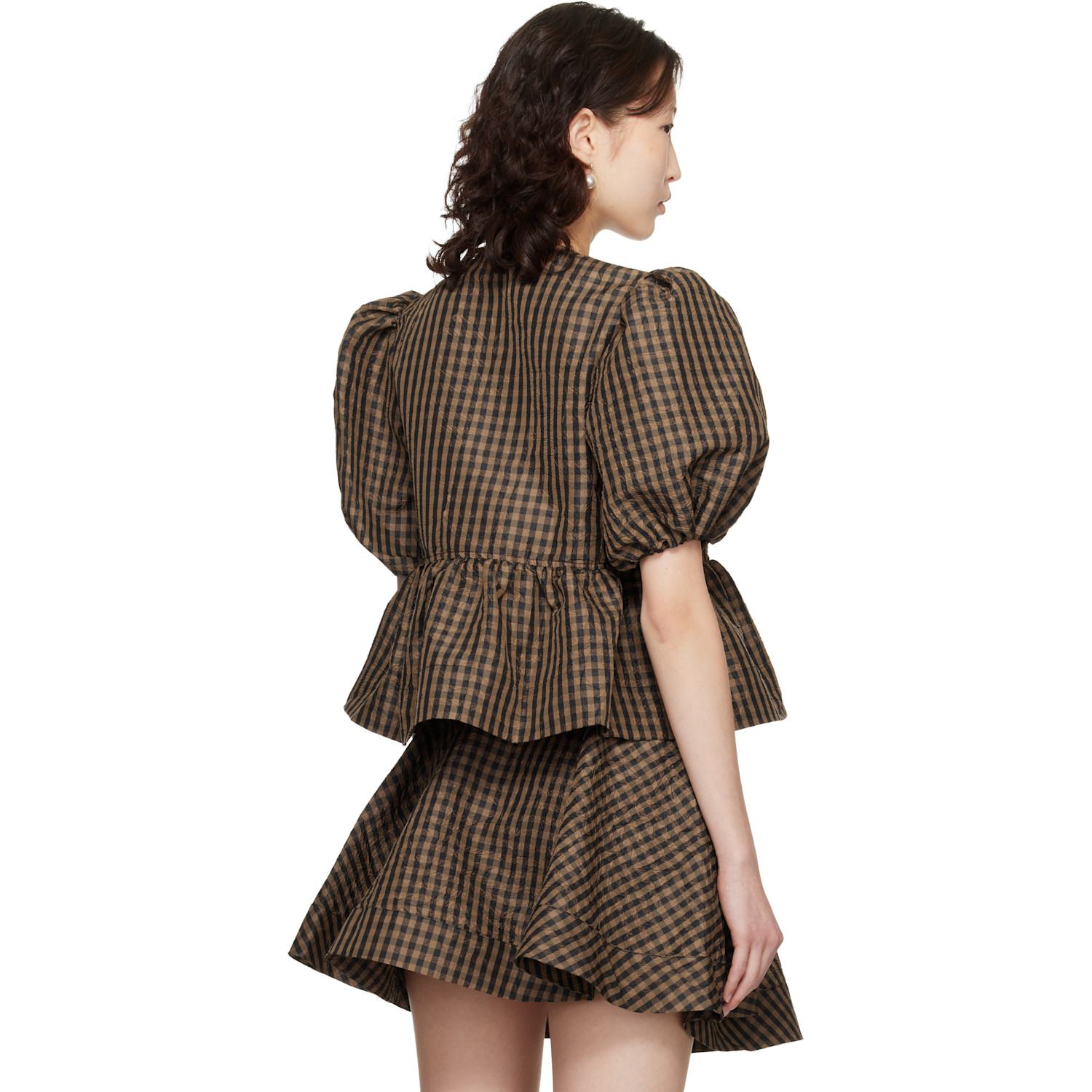  Ganni Brown Crinkled Check Blouse 