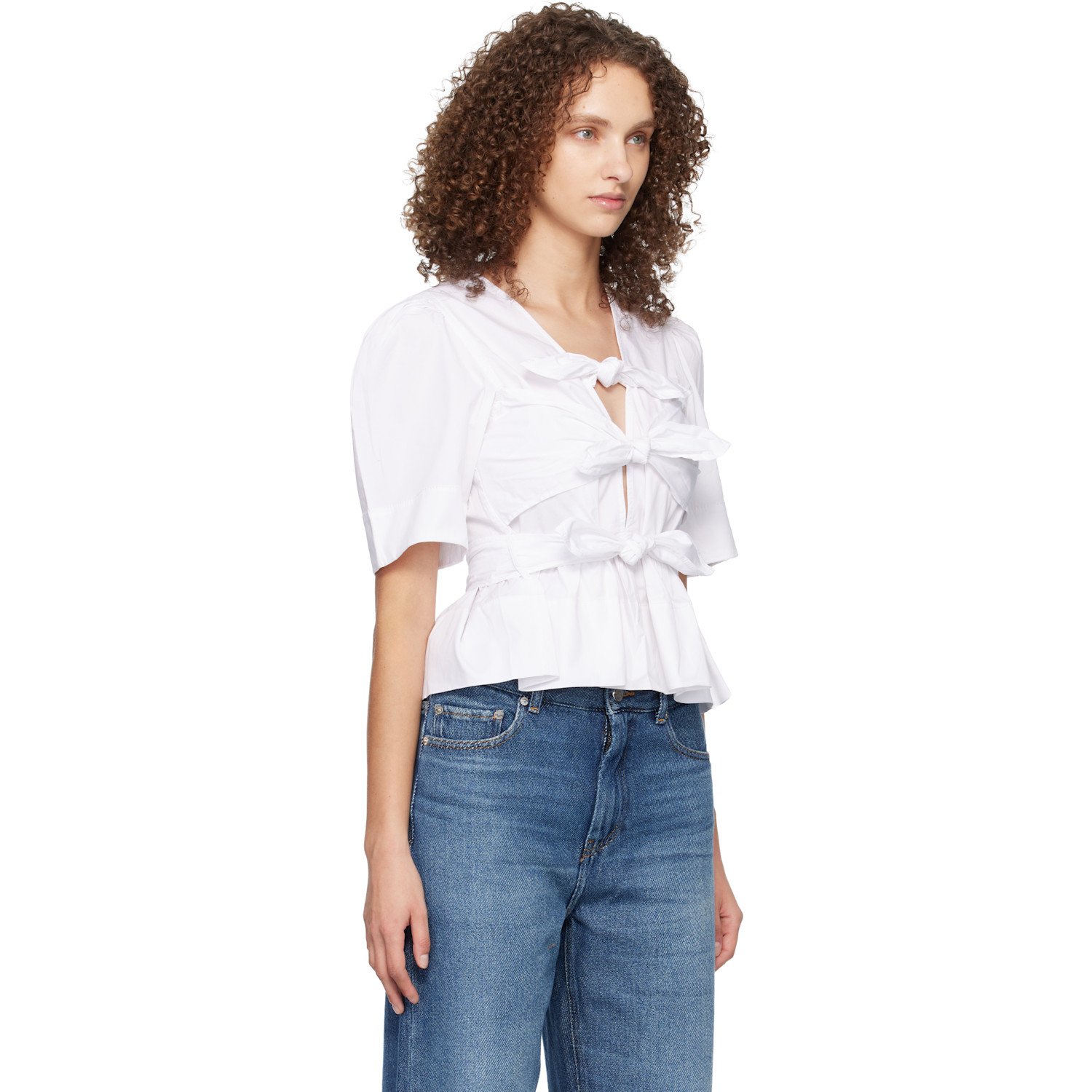  Ganni White Washed Stretch Cotton Tie Strap Blouse 