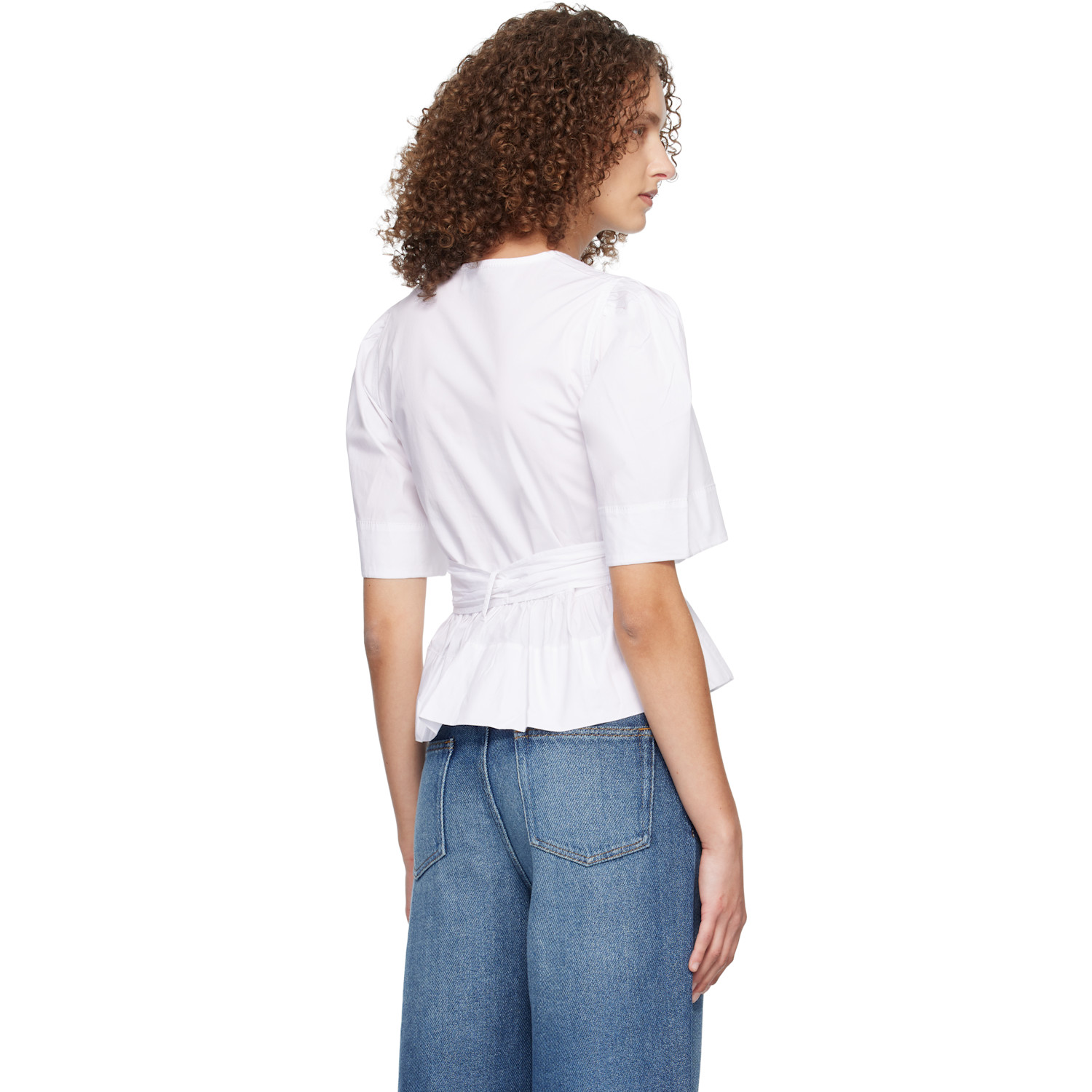  Ganni White Washed Stretch Cotton Tie Strap Blouse 