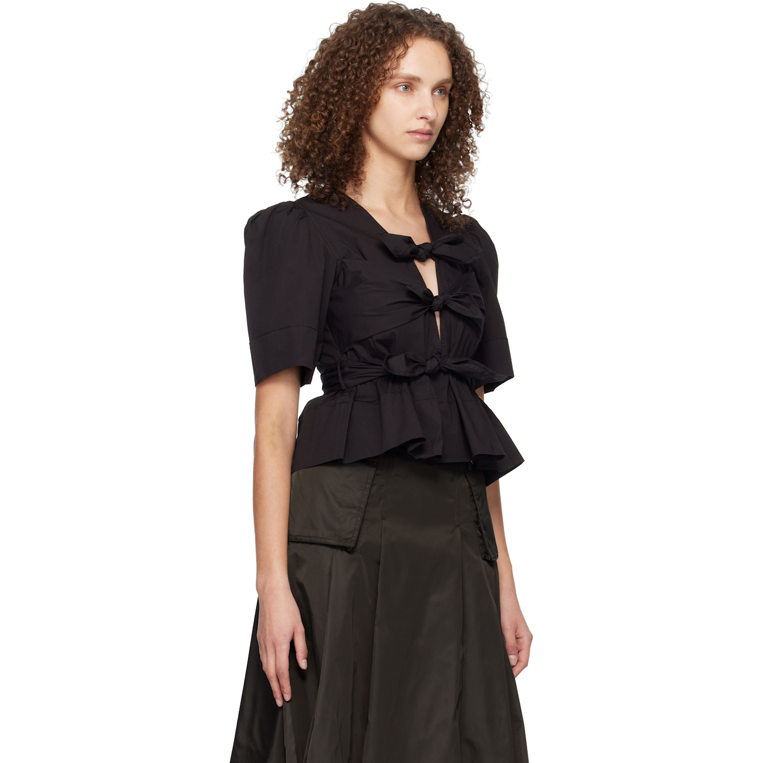  Ganni Black Washed Stretch Cotton Tie Strap Blouse 
