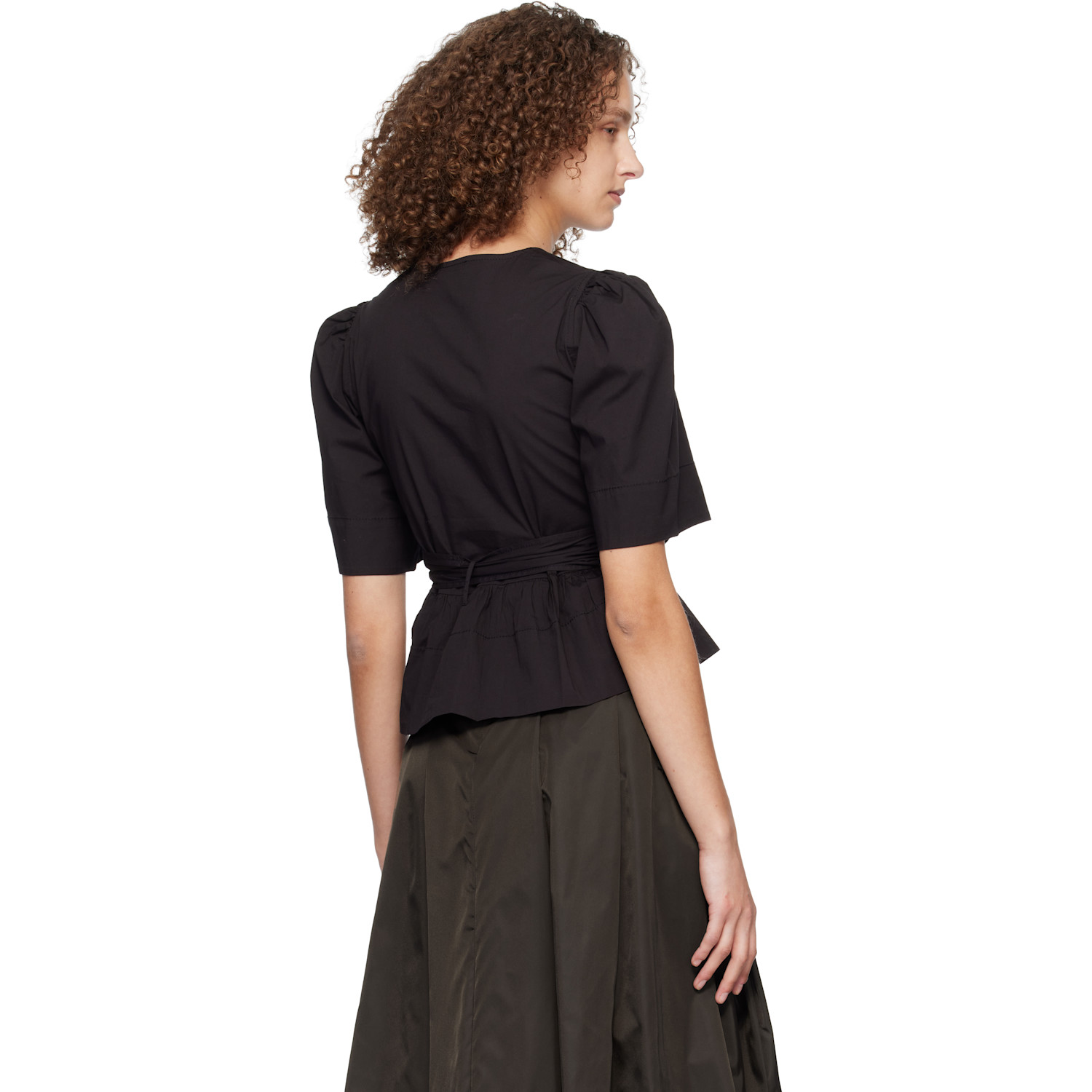  Ganni Black Washed Stretch Cotton Tie Strap Blouse 