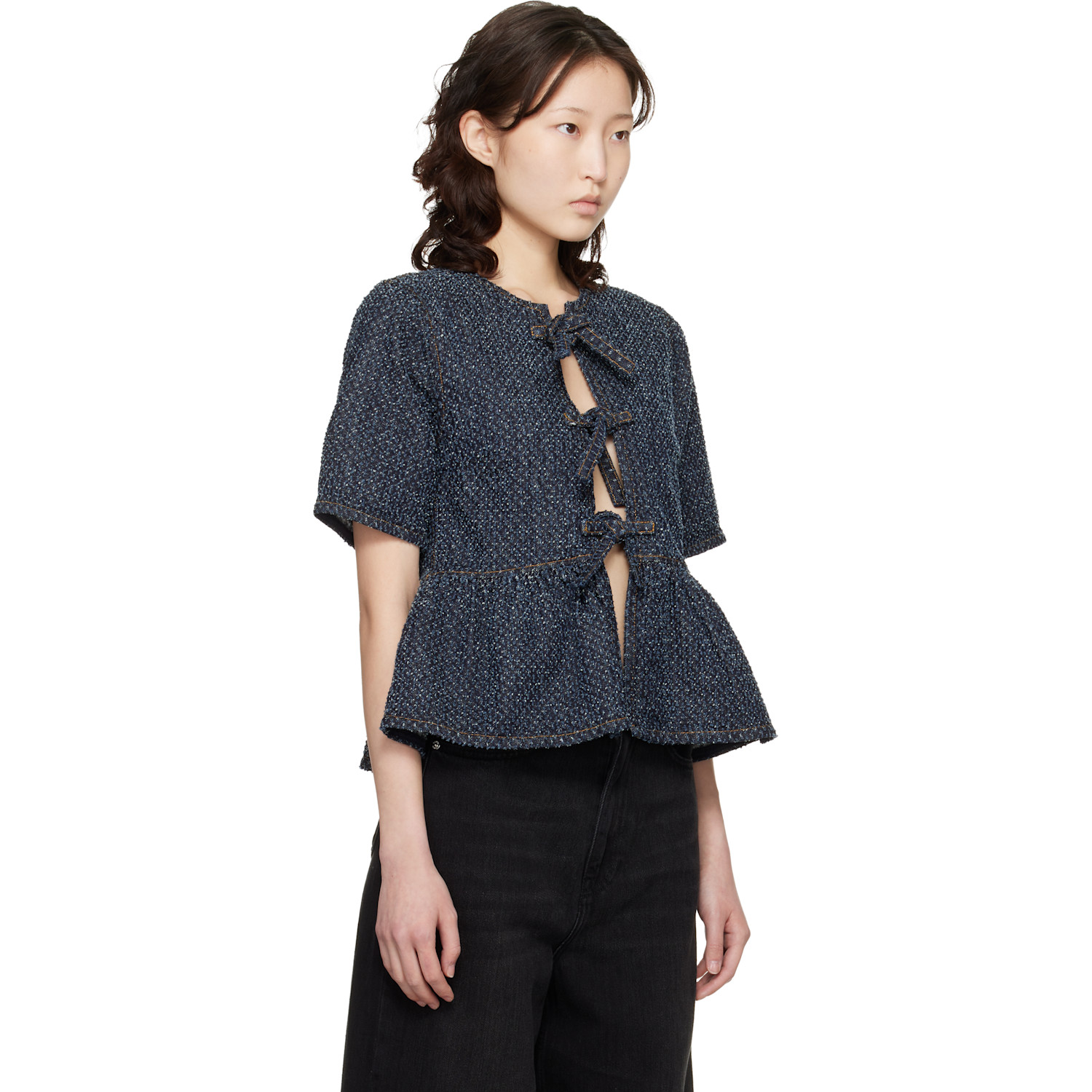  Ganni Blue Tweed Denim Peplum Blouse 