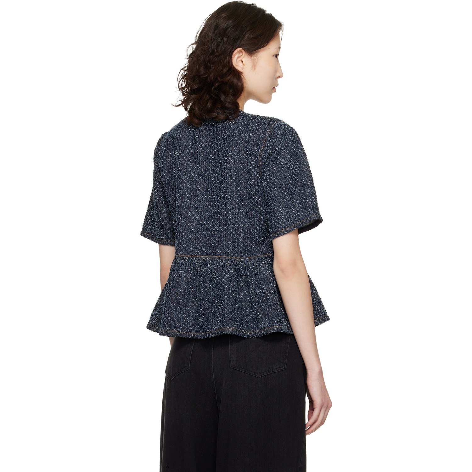  Ganni Blue Tweed Denim Peplum Blouse 