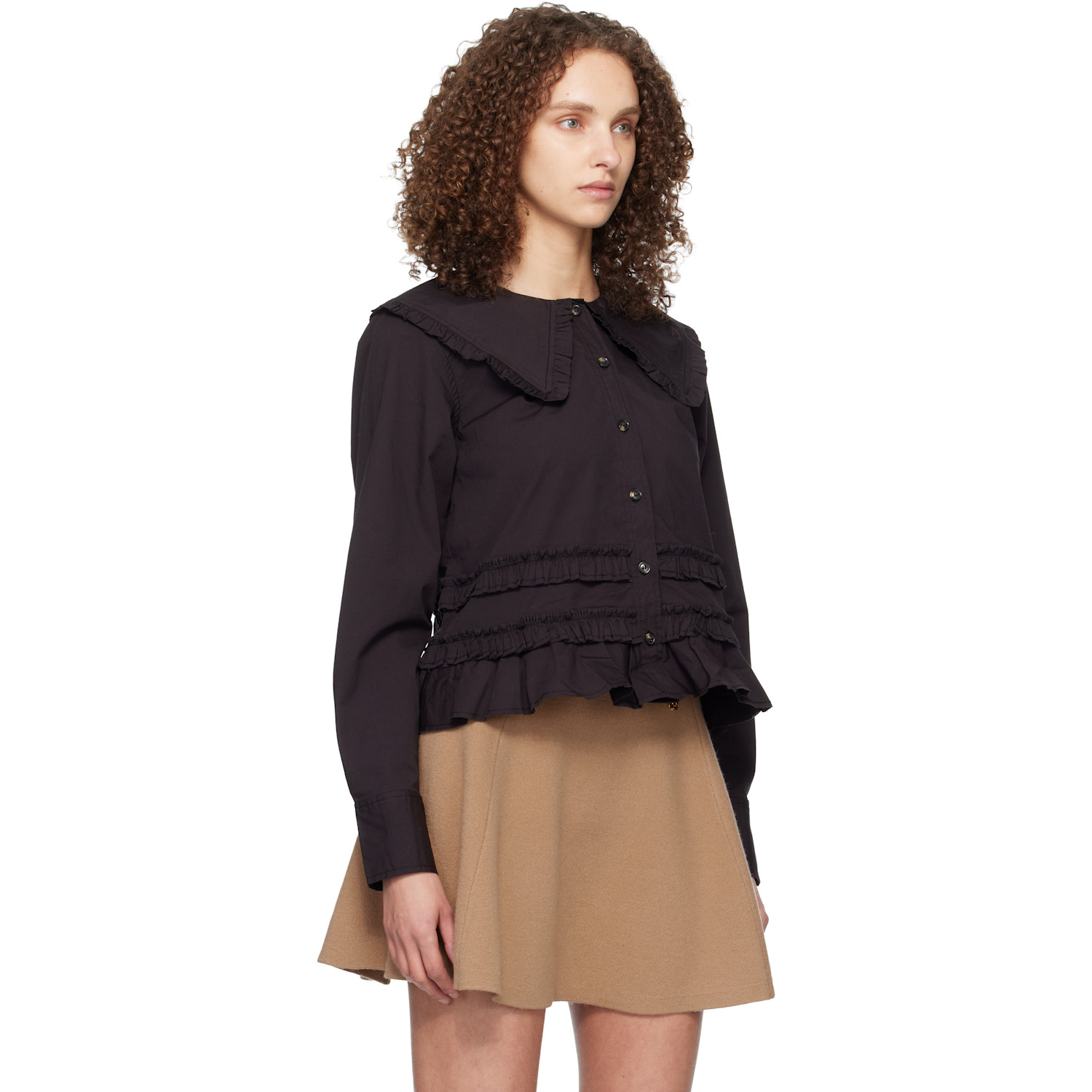  Ganni Black Stretch Cotton Ruffle Shirt 