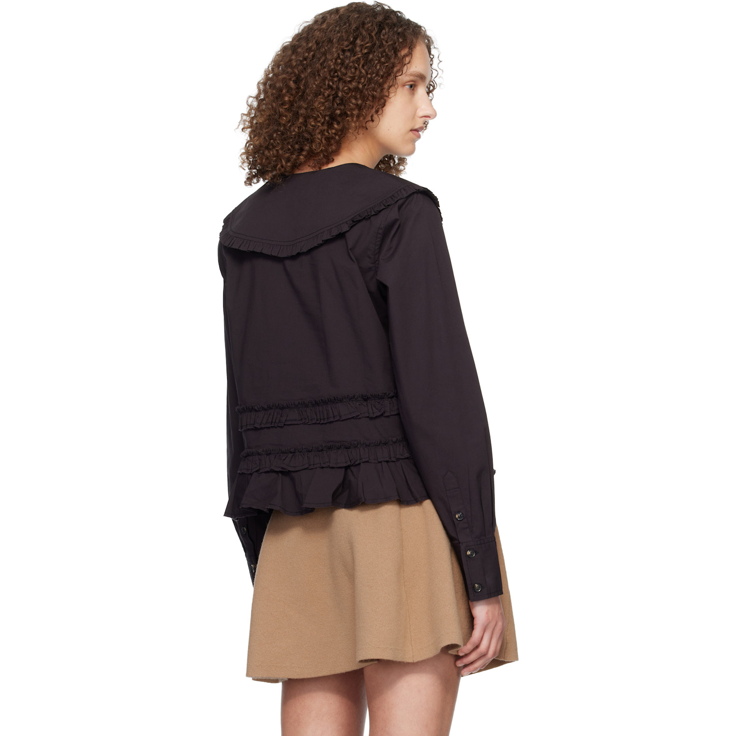  Ganni Black Stretch Cotton Ruffle Shirt 