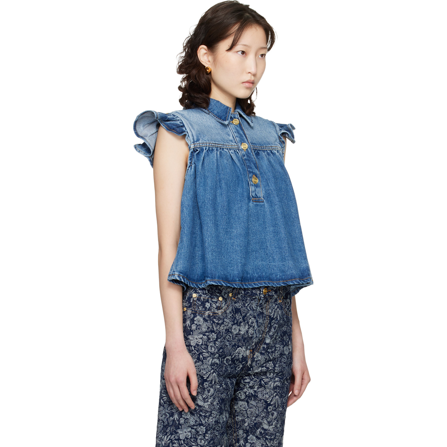  Ganni Blue Denim Ruffle Top 